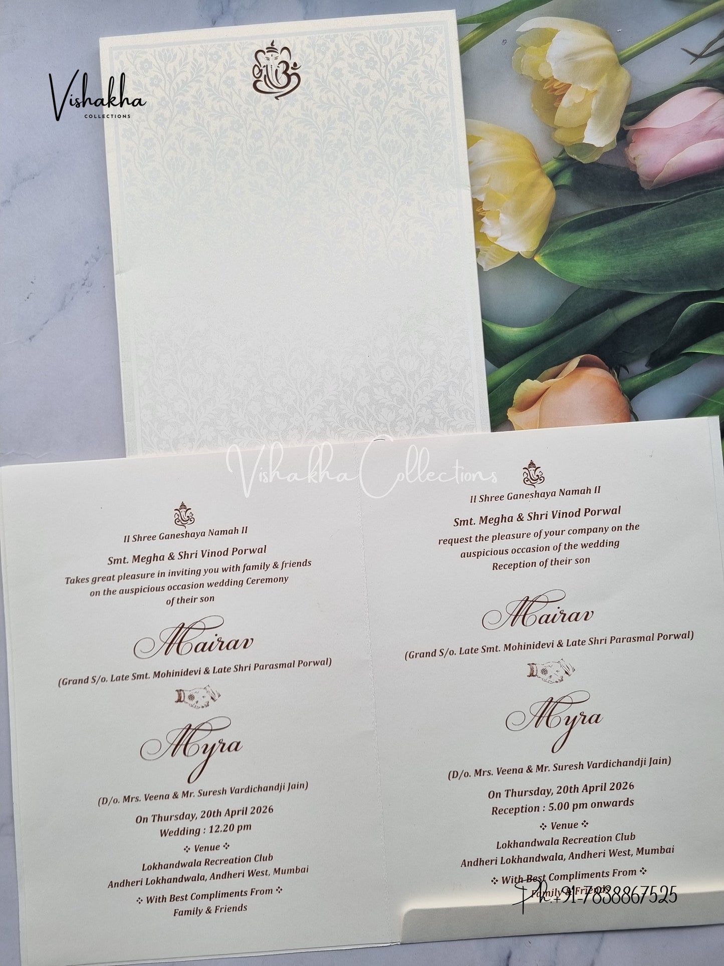 Semi Box Flower Hindu Muslim Christian Sikh white Colored invitation Cards SK-3494