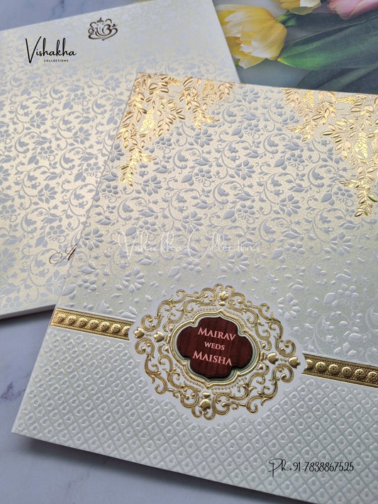 Semi Box Hindu Muslim Christian Sikh white and gold Colored invitation Cards SK-3496