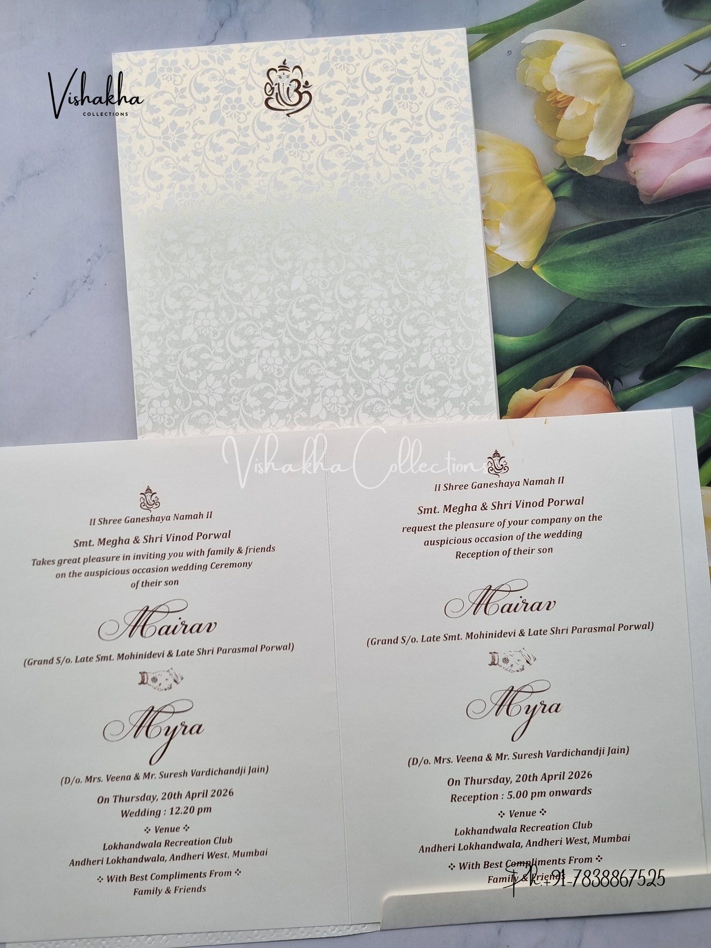 Semi Box Hindu Muslim Christian Sikh white and gold Colored invitation Cards SK-3496