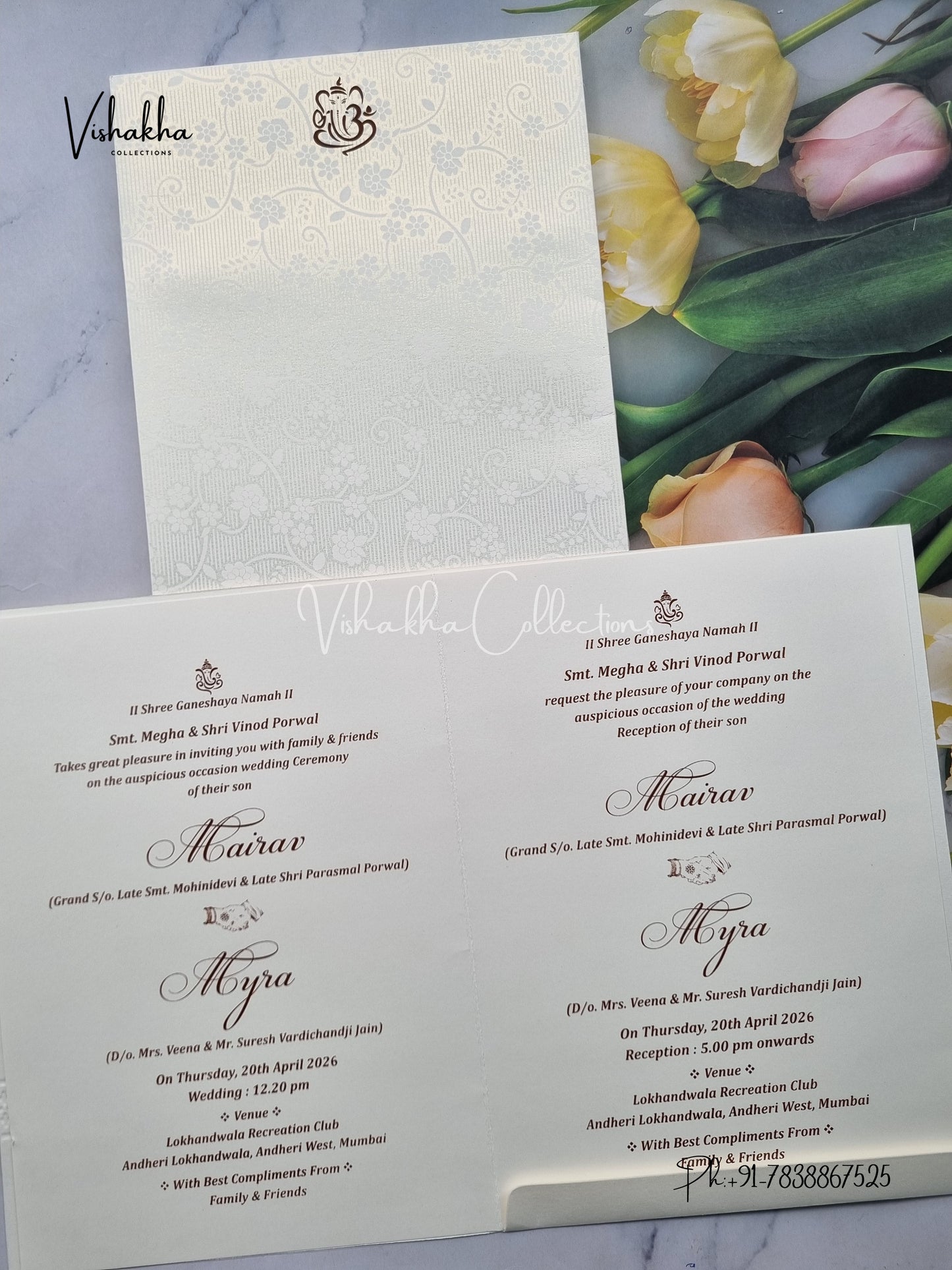 Semi Box Ganesh Ji Hindu white Colored invitation Cards SK-3497