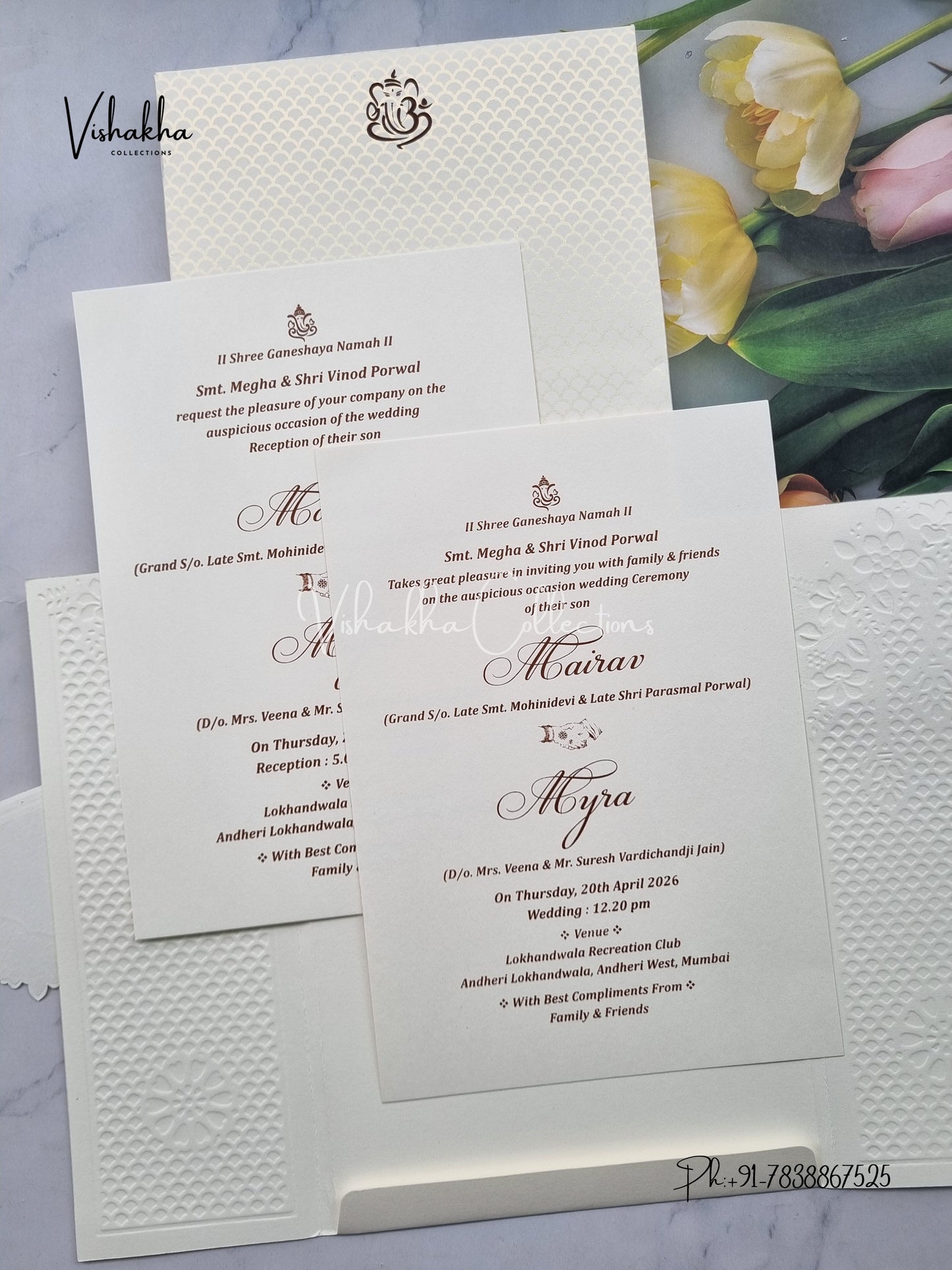 Semi Box Flower Double Door Hindu Muslim Christian Sikh white Colored invitation Cards SK-3499