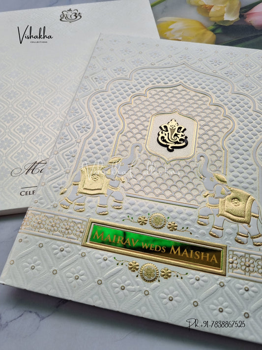Semi Box Hathi Hindu Muslim Christian Sikh Padded white and gold Colored invitation Cards SK-3501