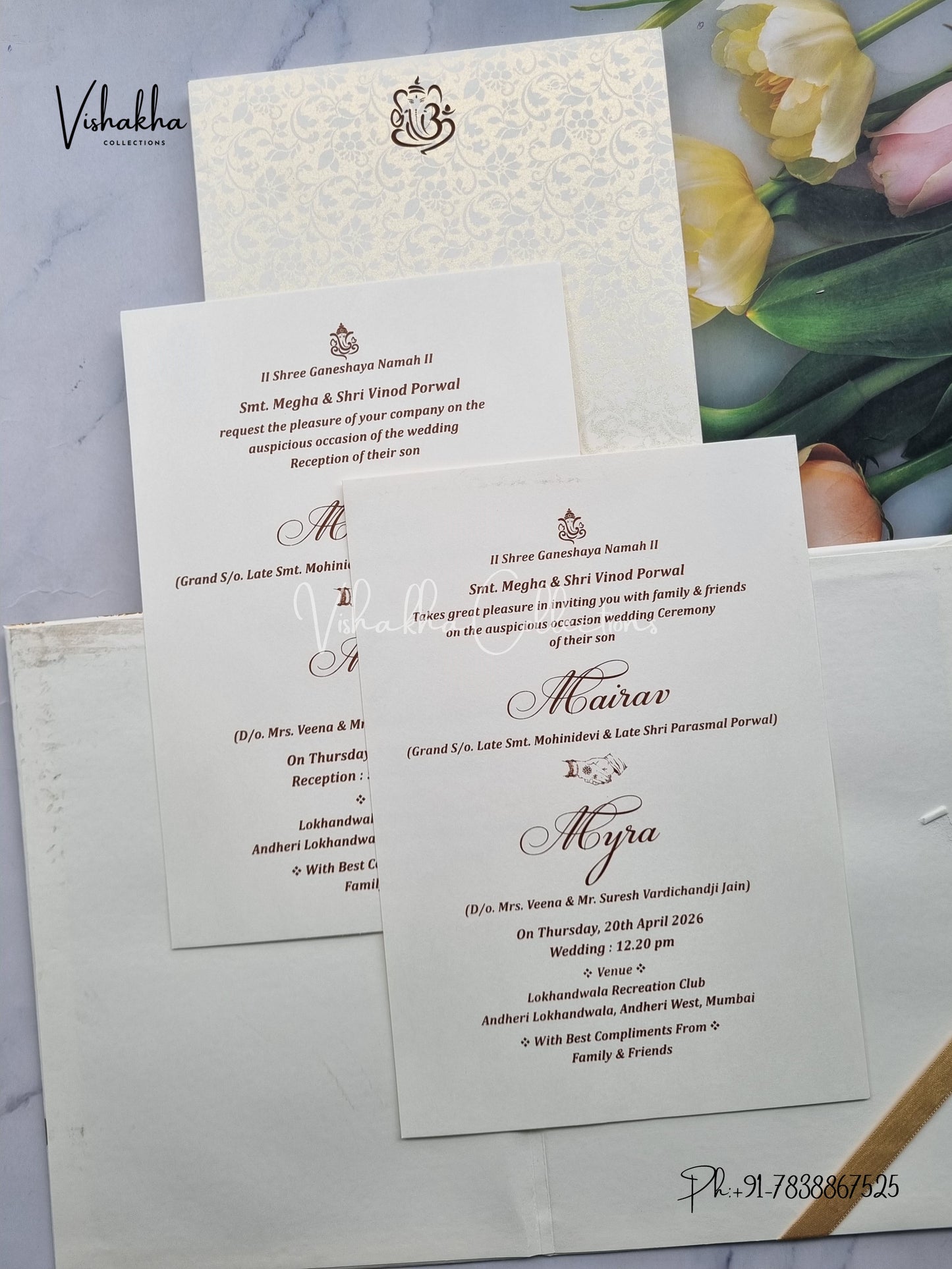 Semi Box Hindu Muslim Christian Sikh Padded white gold Colored invitation Cards SK-3505