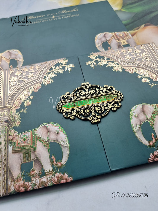 Semi Box Hathi Flower Double Door Hindu Muslim Christian Sikh dark green Colored invitation Cards SK-3508