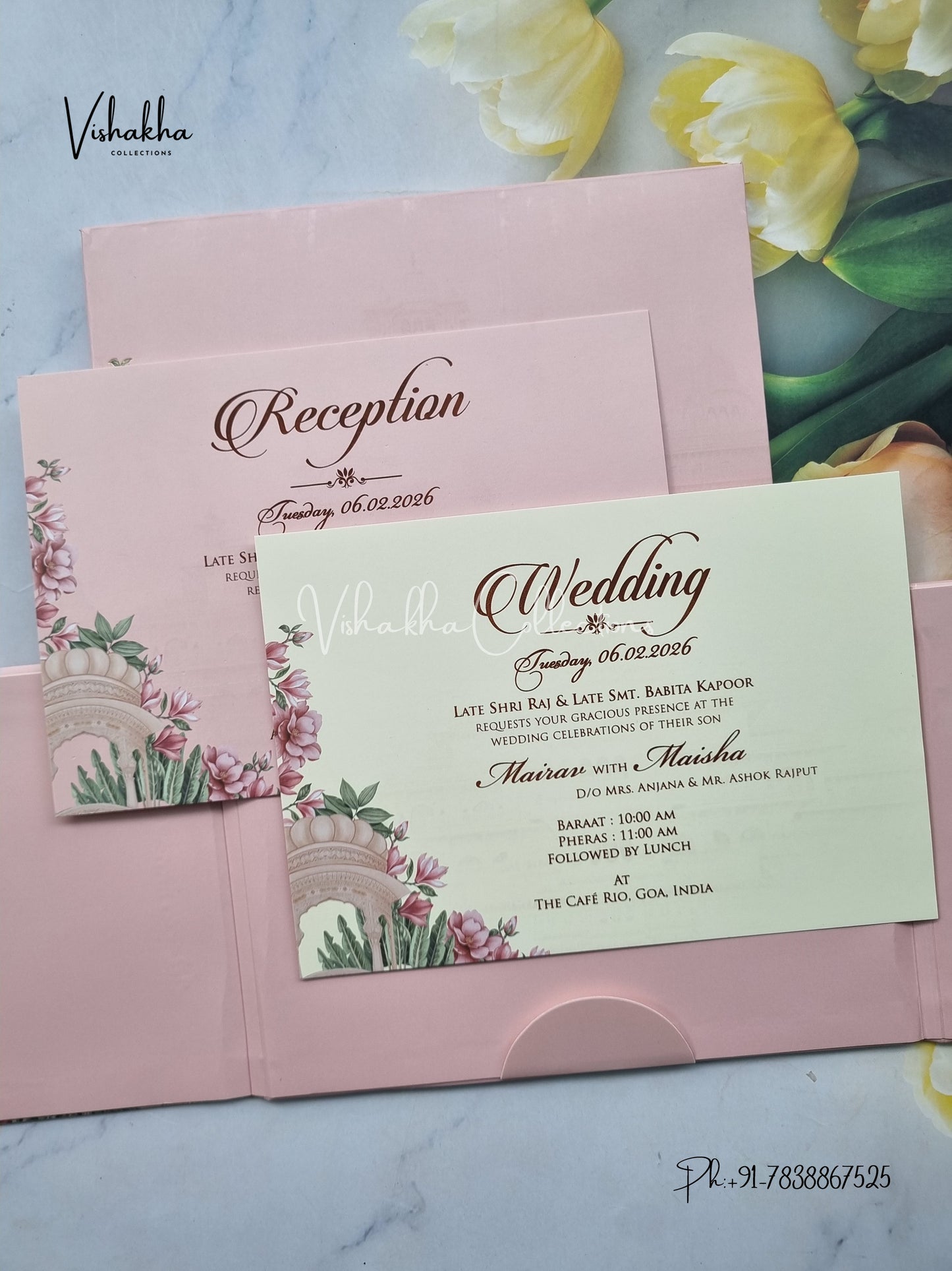 Semi Box Flower Double Door Hindu Muslim Christian Sikh pink Colored invitation Cards SK-3511