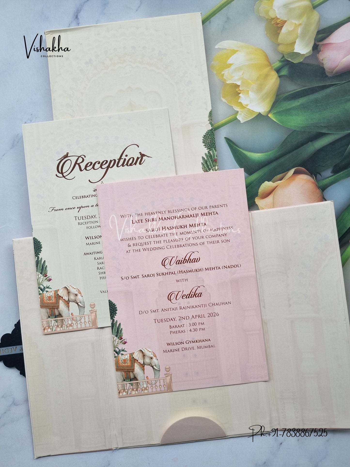 Semi Box Hathi Flower Double Door Hindu Muslim Christian Sikh yellow Colored invitation Cards SK-3519