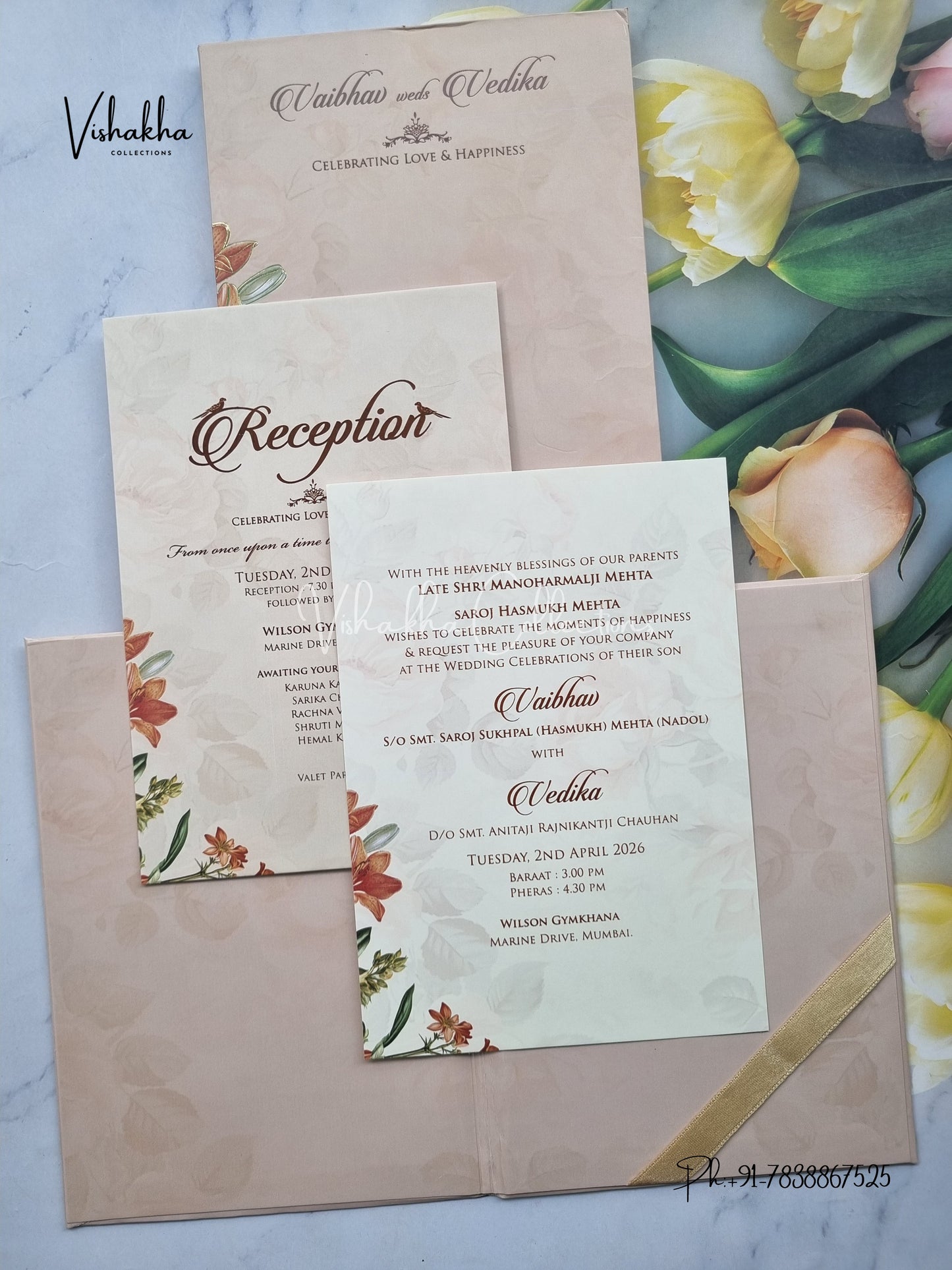 Semi Box Flower Hindu Muslim Christian Sikh light brown Colored invitation Cards SK-3520