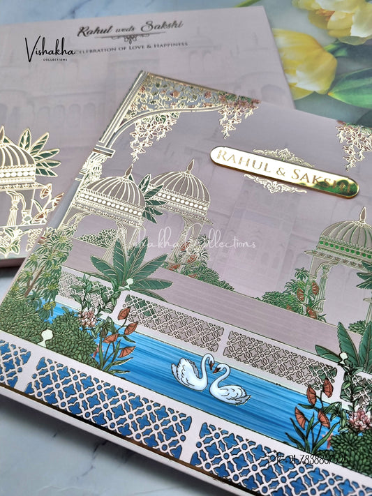 Hindu Muslim Christian Sikh Padded pastel peach Colored invitation Cards SK-3521