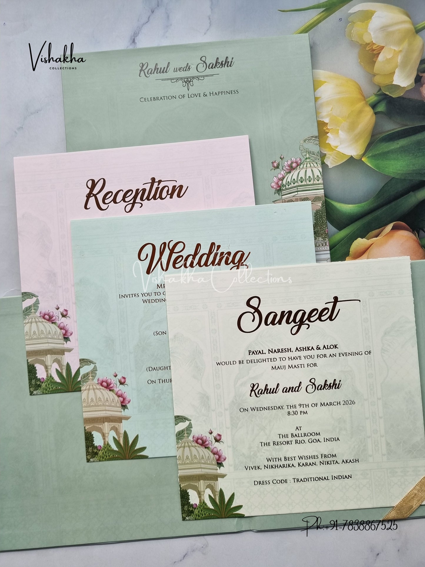 Hindu Muslim Christian Sikh Padded MDF Board Laser Cut pastel green Colored invitation Cards SK-3523