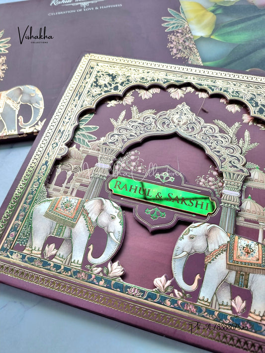 Hathi Hindu Muslim Christian Sikh Padded MDF Board Laser Cut dark mehroon Colored invitation Cards SK-3524