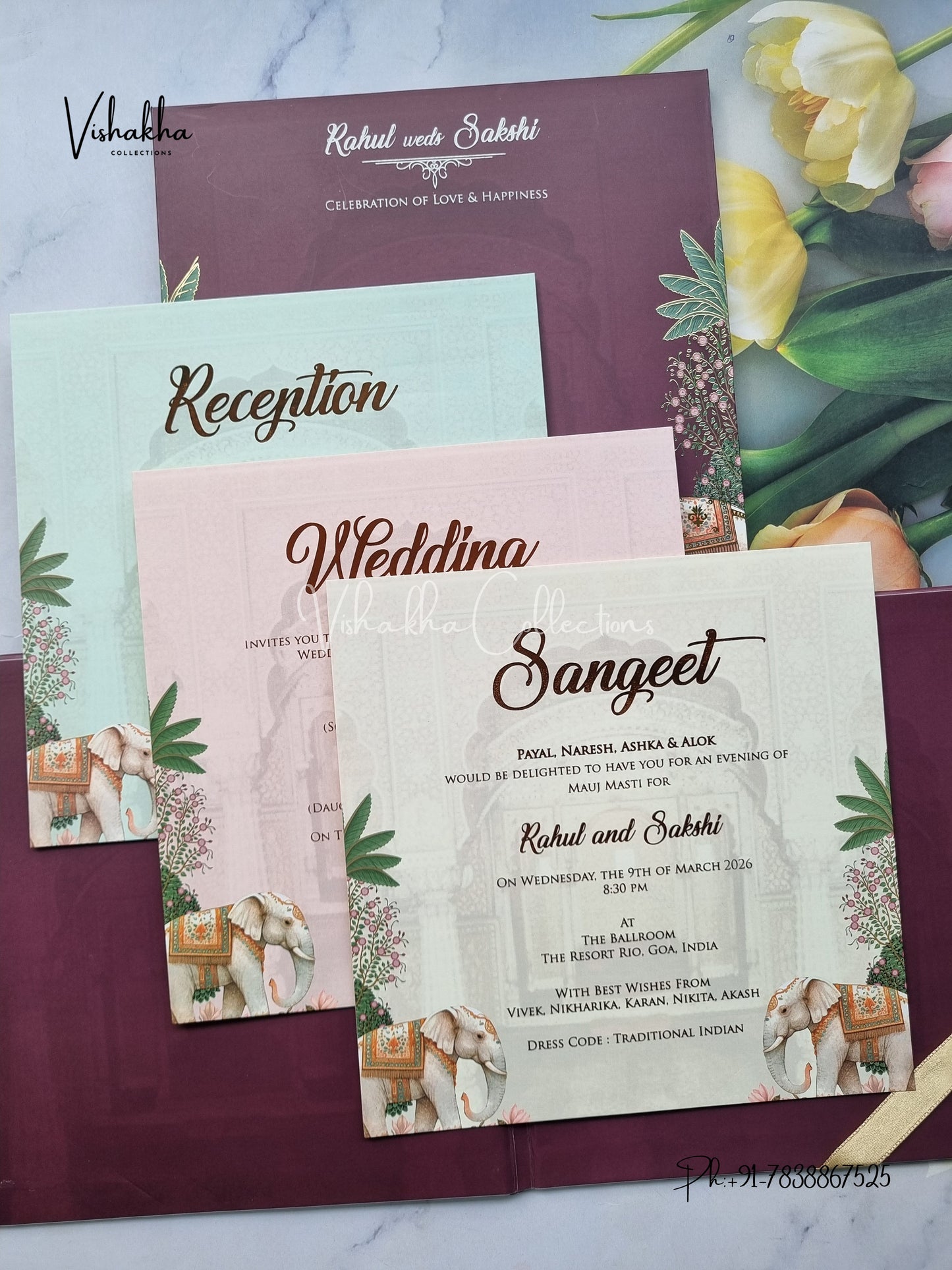 Hathi Hindu Muslim Christian Sikh Padded MDF Board Laser Cut dark mehroon Colored invitation Cards SK-3524