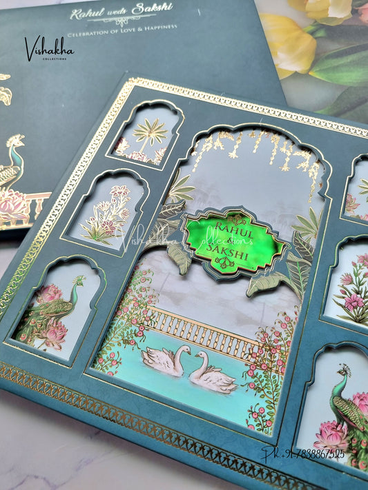 Peacock Hindu Muslim Christian Sikh Padded aqua green Colored invitation Cards SK-3526