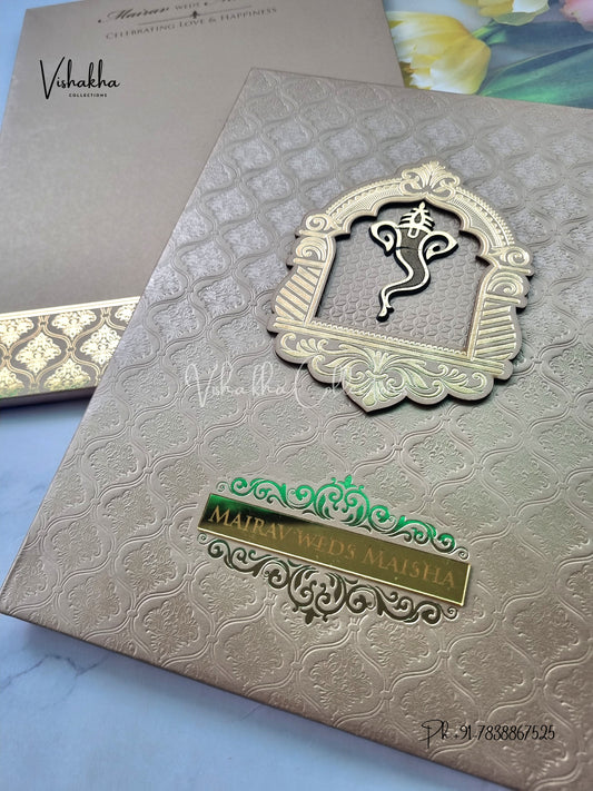 Semi Box Ganesh Ji Hindu Padded brown Colored invitation Cards SK-3528
