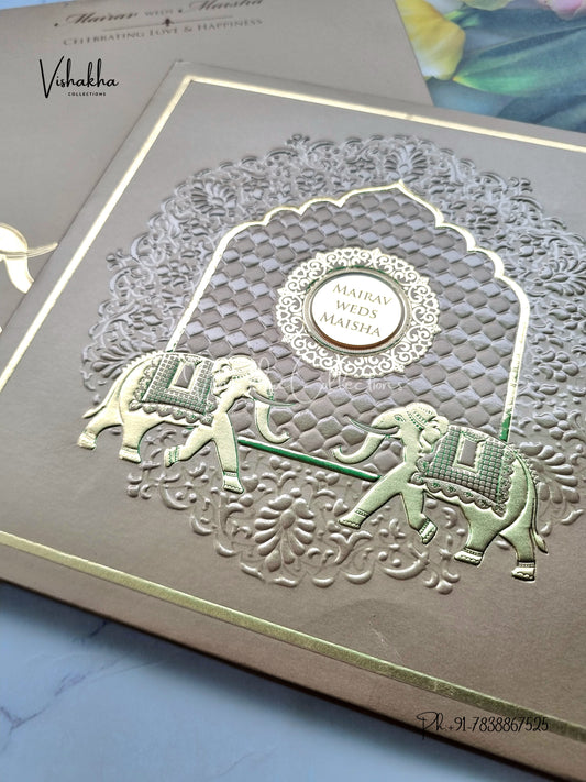 Hathi Hindu Muslim Christian Sikh Padded brown Colored invitation Cards SK-3531