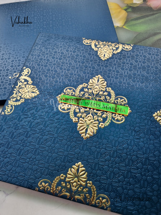 Hindu Muslim Christian Sikh Padded dark blue Colored invitation Cards SK-3532