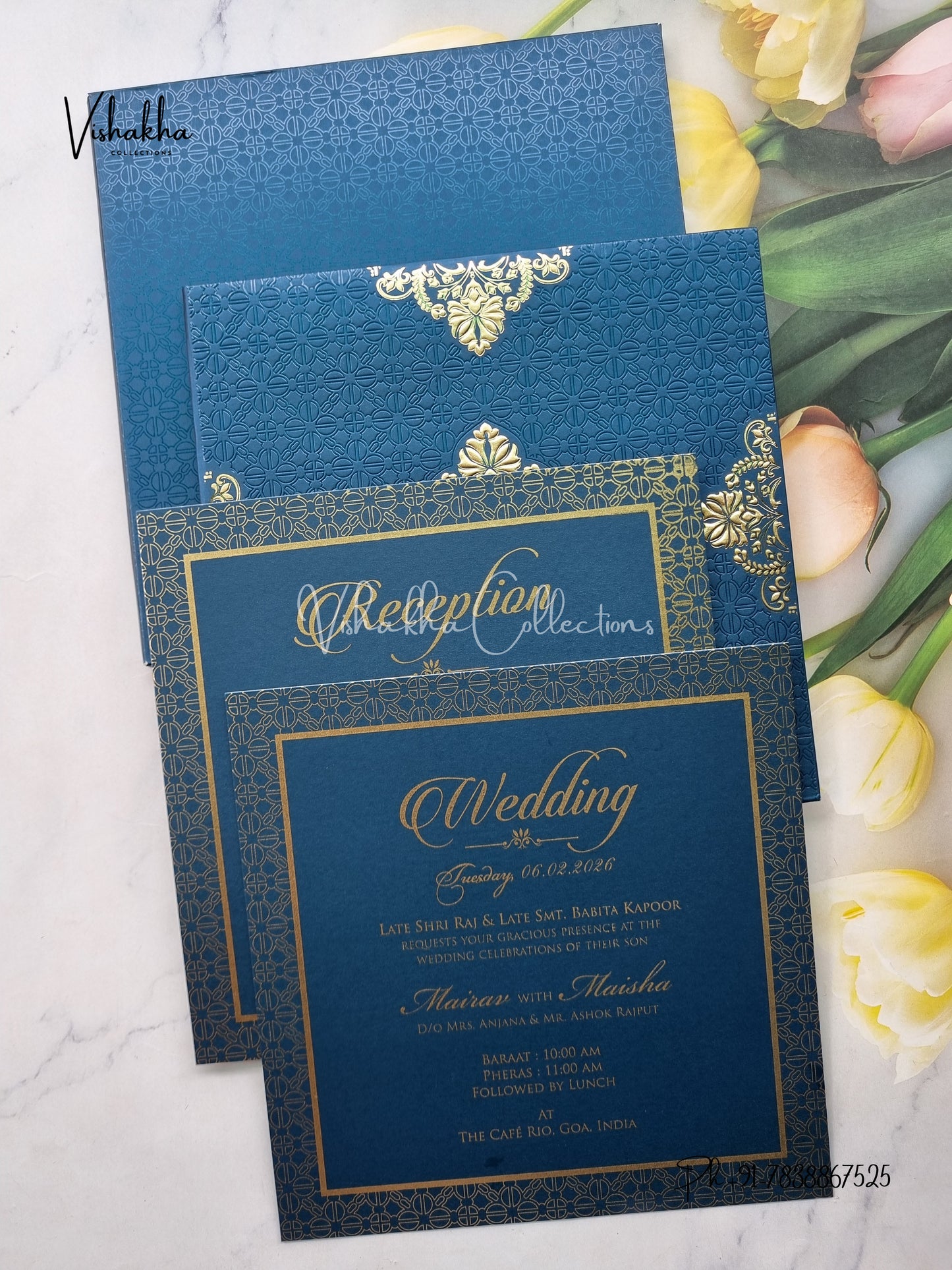 Hindu Muslim Christian Sikh Padded dark blue Colored invitation Cards SK-3532