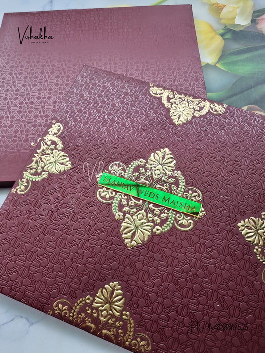Hindu Muslim Christian Sikh Padded dark mehroon Colored invitation Cards SK-3533