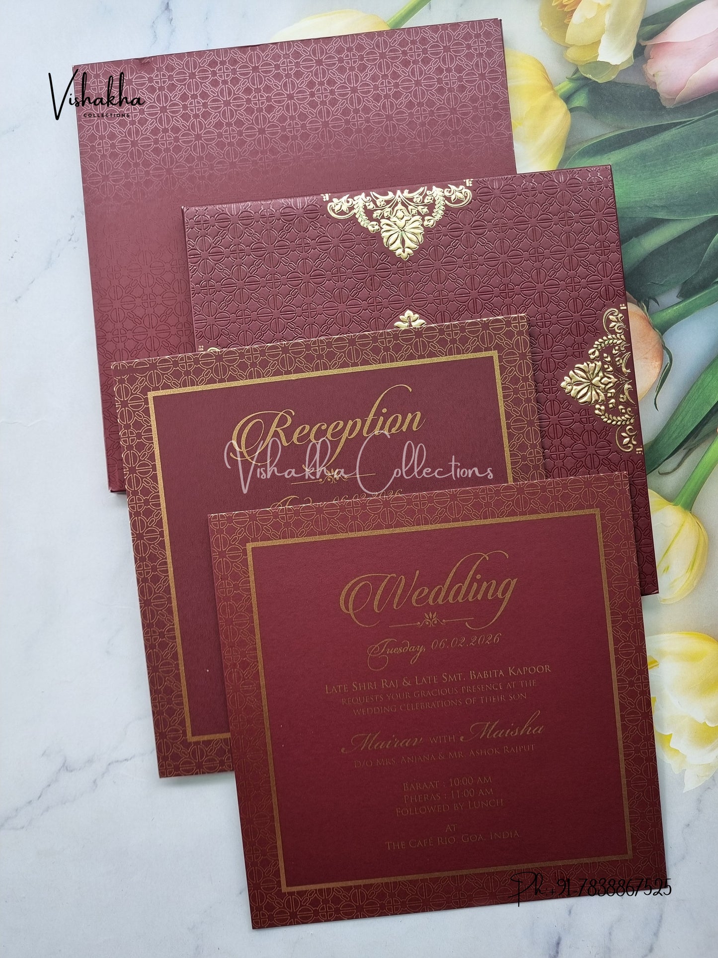 Hindu Muslim Christian Sikh Padded dark mehroon Colored invitation Cards SK-3533