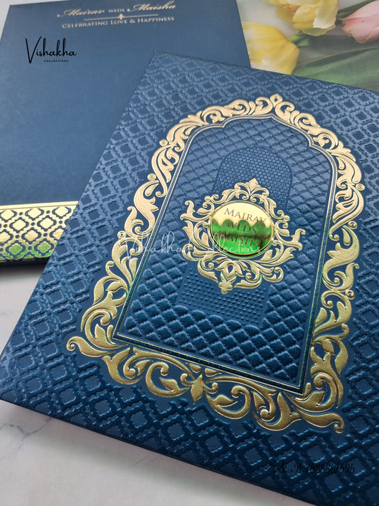 Semi Box Hindu Muslim Christian Sikh Padded royal blue Colored invitation Cards SK-3537