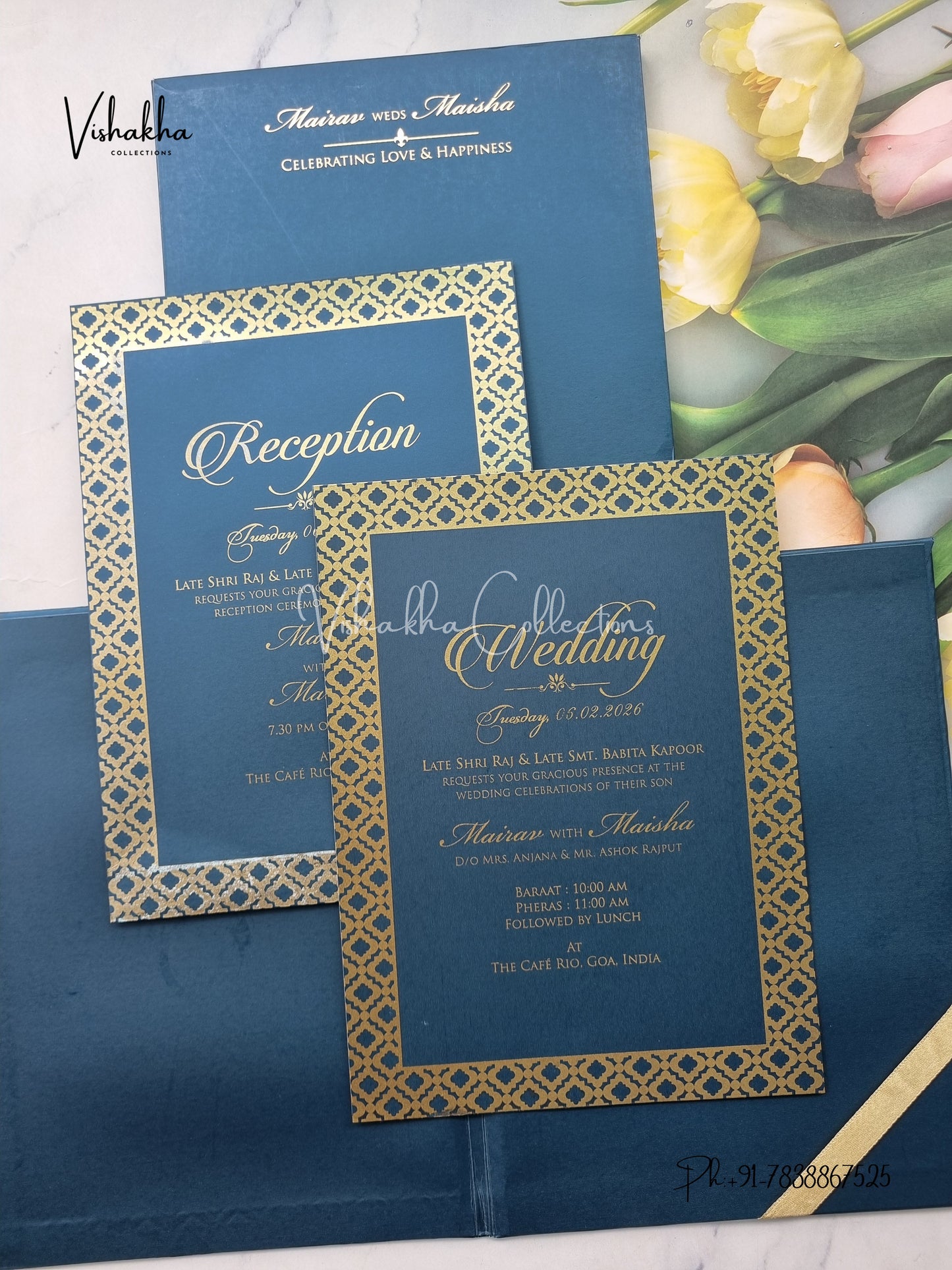 Semi Box Hindu Muslim Christian Sikh Padded royal blue Colored invitation Cards SK-3537