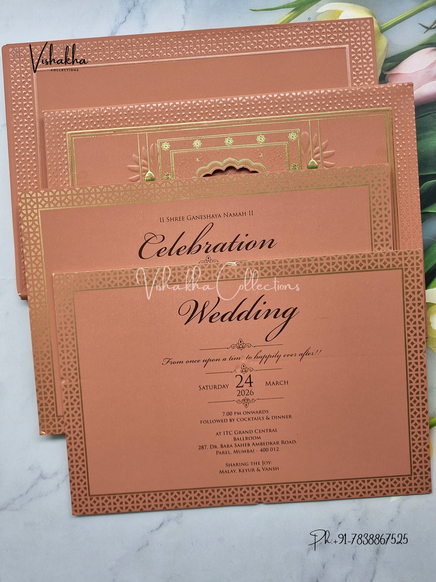 Hathi Hindu Muslim Christian Sikh Padded MDF Board Laser Cut muddy pink Colored invitation Cards SK-3539