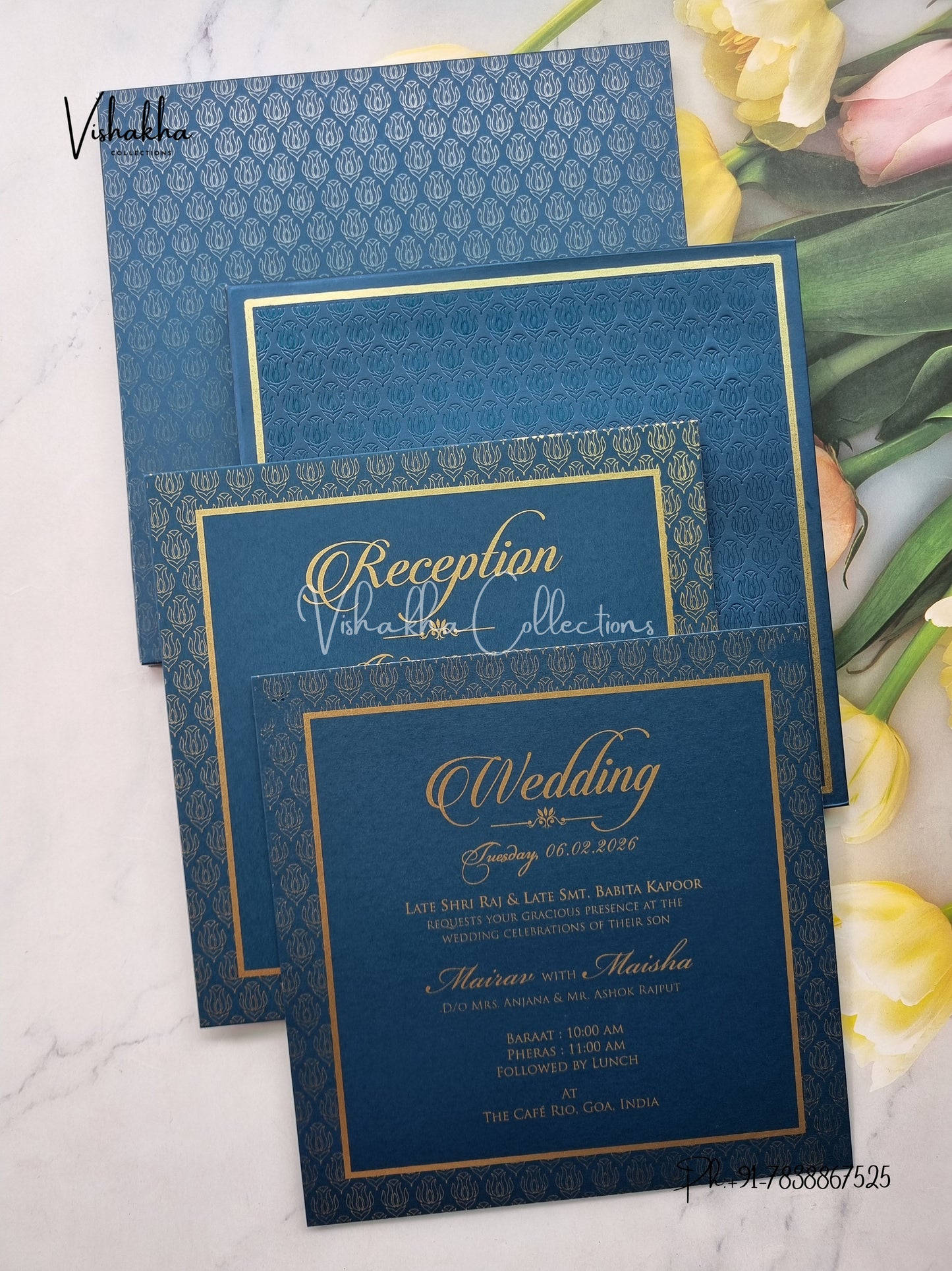 Hindu Muslim Christian Sikh Padded dark blue Colored invitation Cards SK-3543