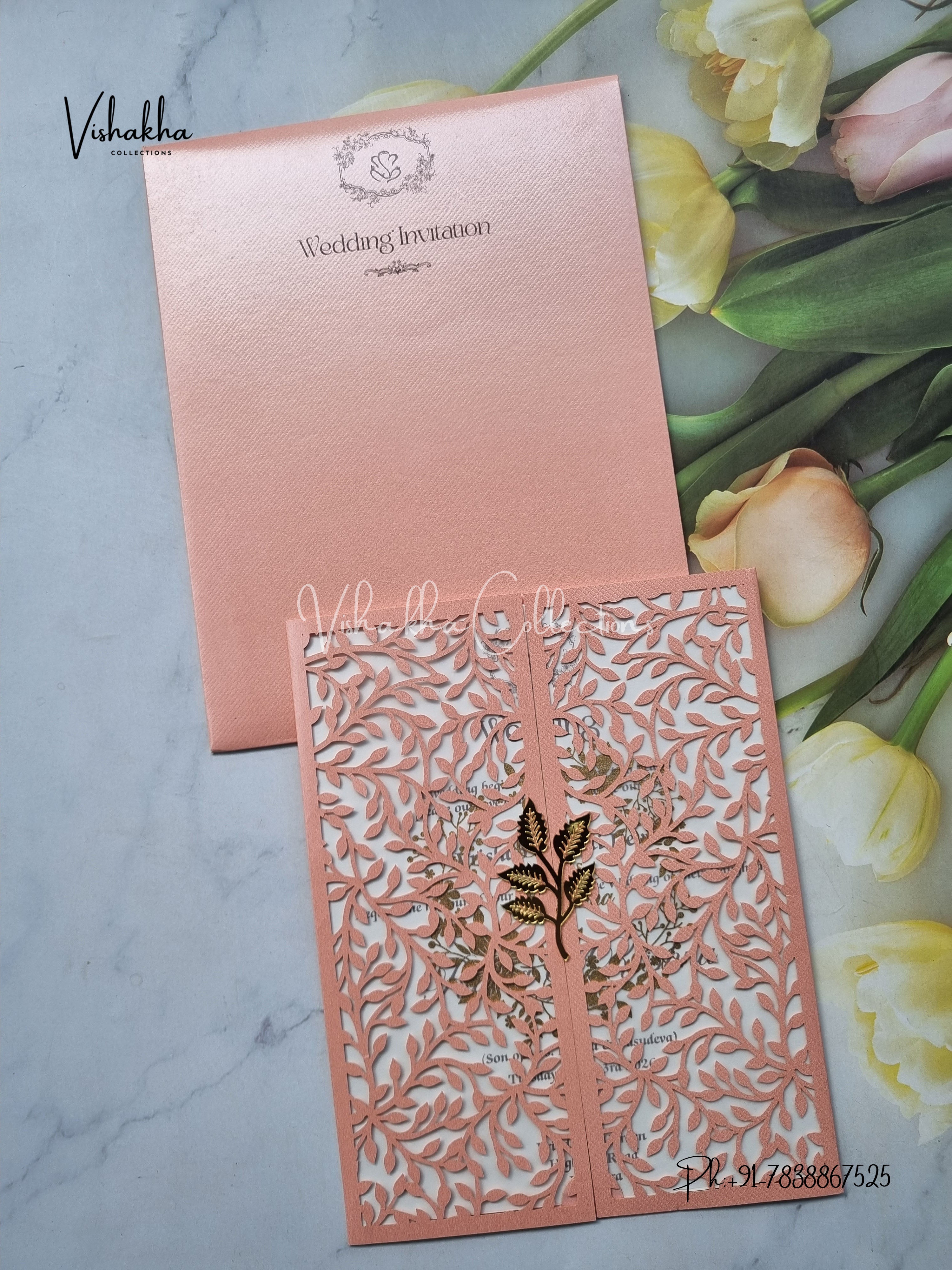 Semi Box Flower Hindu Muslim Christian Sikh Named MDF Laser Cut pink Colored invitation Cards SK-3285