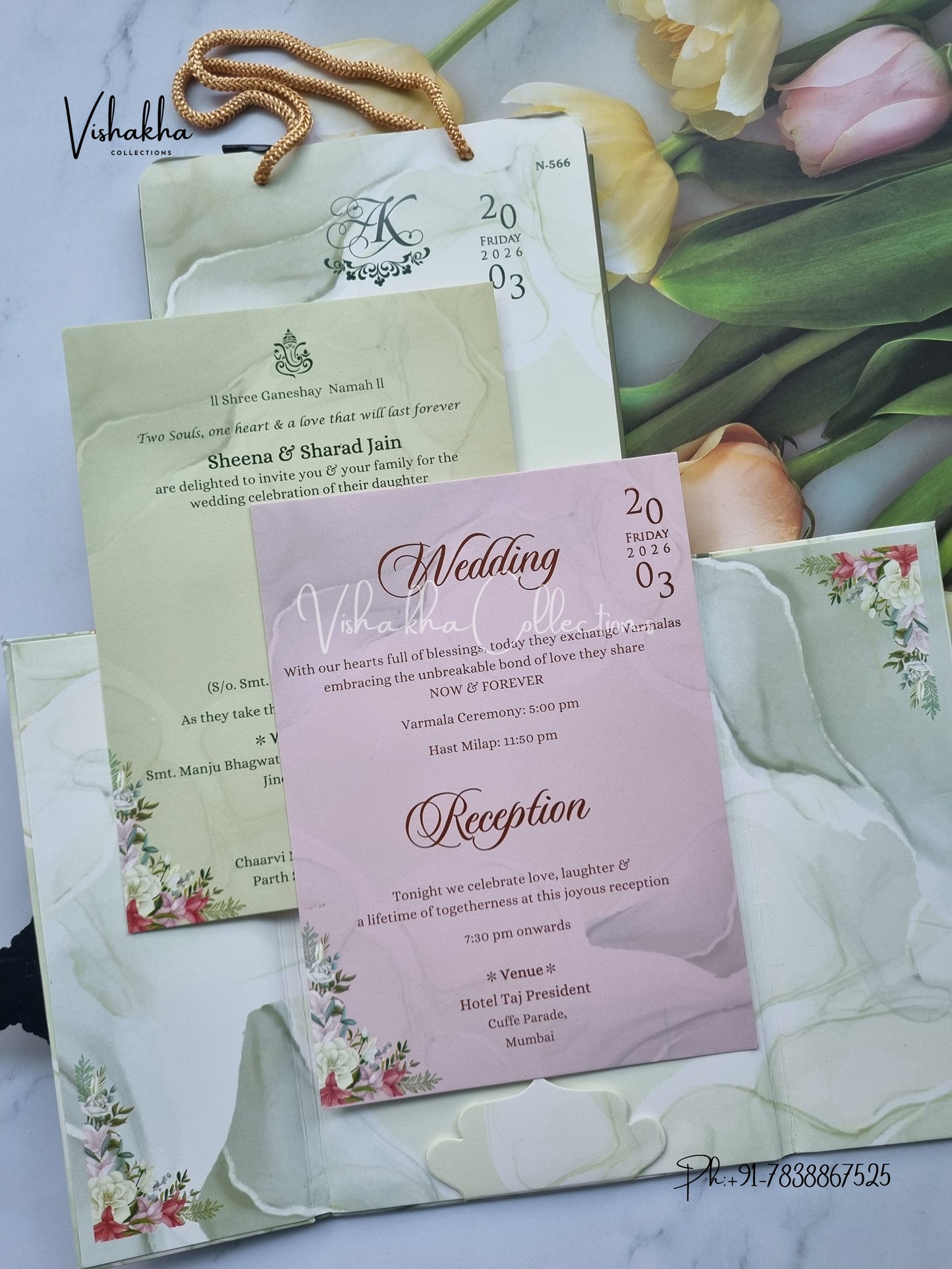 Flower Double Door Hindu Muslim Christian Sikh Padded Carry Bag invitation Cards VN-566