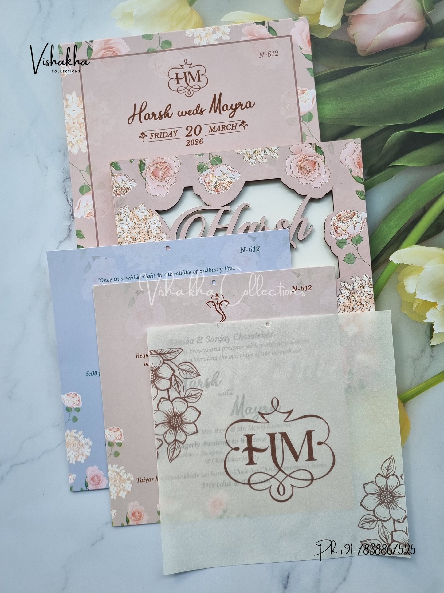 Flower Hindu Muslim Christian Sikh MDF Board Laser Cut Named MDF Laser Cut invitation Cards VN-612