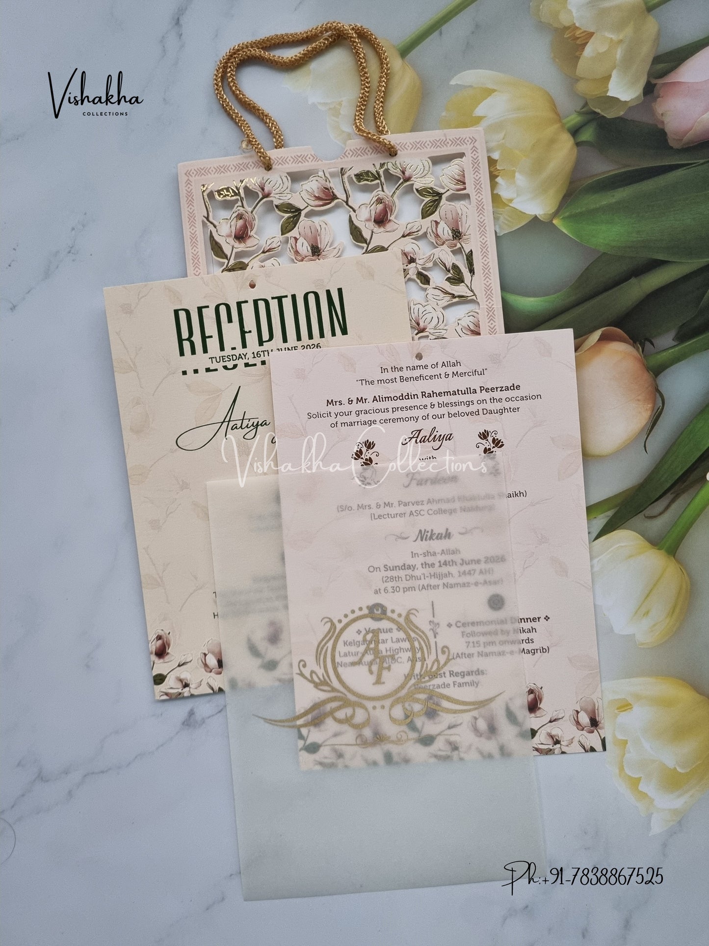 Flower Hindu Muslim Christian Sikh Laser Cut Carry Bag Vellum Paper invitation Cards VN-635