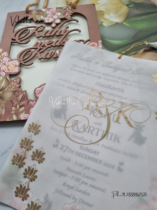 Flower Hindu Muslim Christian Sikh MDF Board Laser Cut Named MDF Laser Cut Carry Bag invitation Cards VN-636