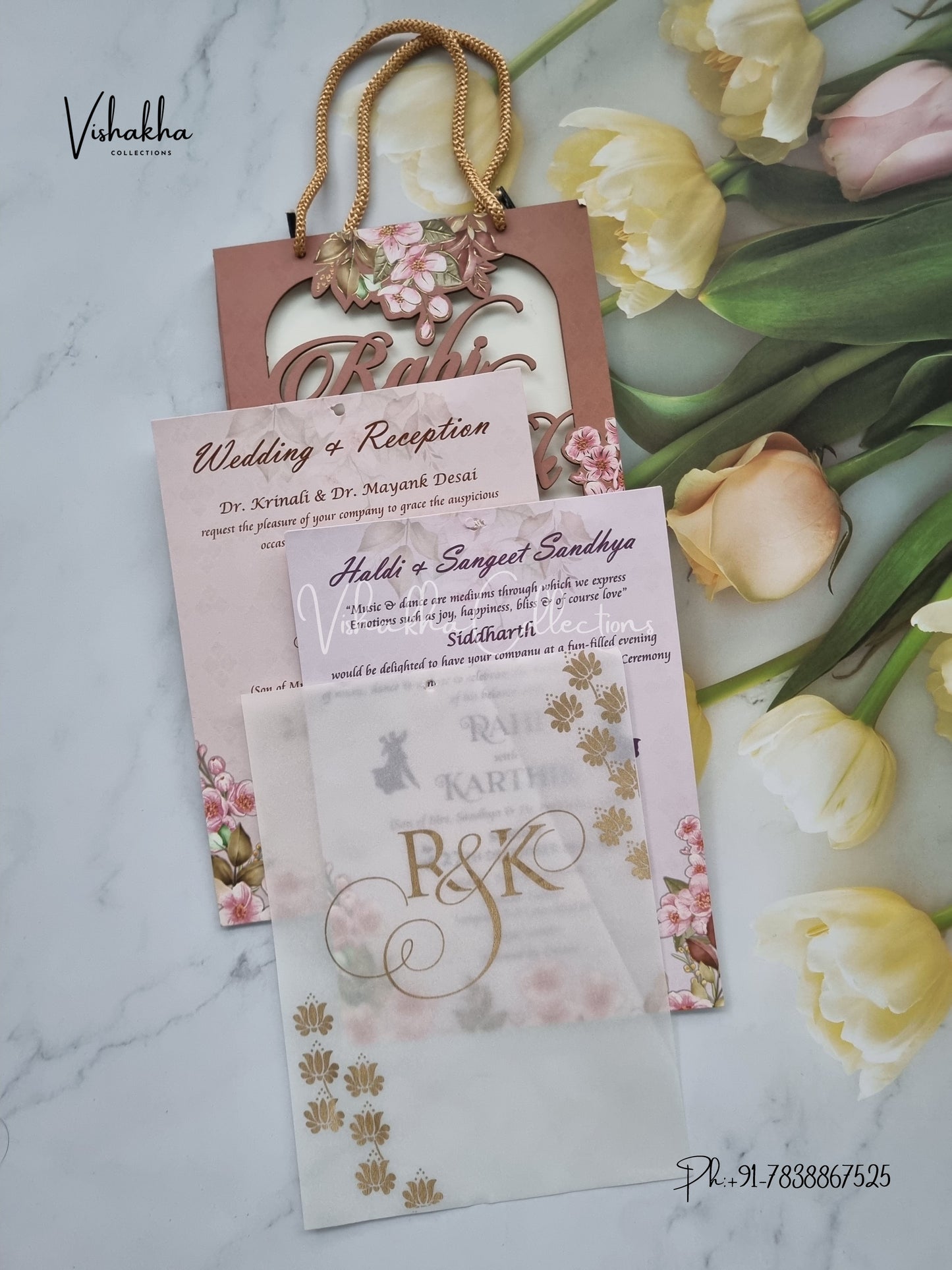 Flower Hindu Muslim Christian Sikh MDF Board Laser Cut Named MDF Laser Cut Carry Bag invitation Cards VN-636