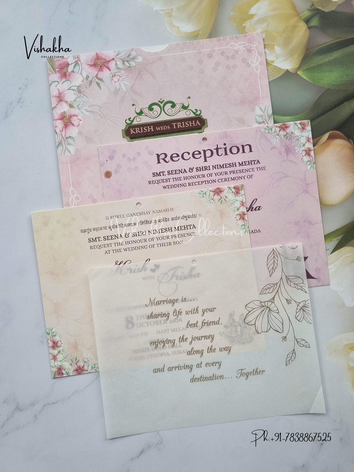 Flower Hindu Muslim Christian Sikh Vellum Paper invitation Cards VN-640