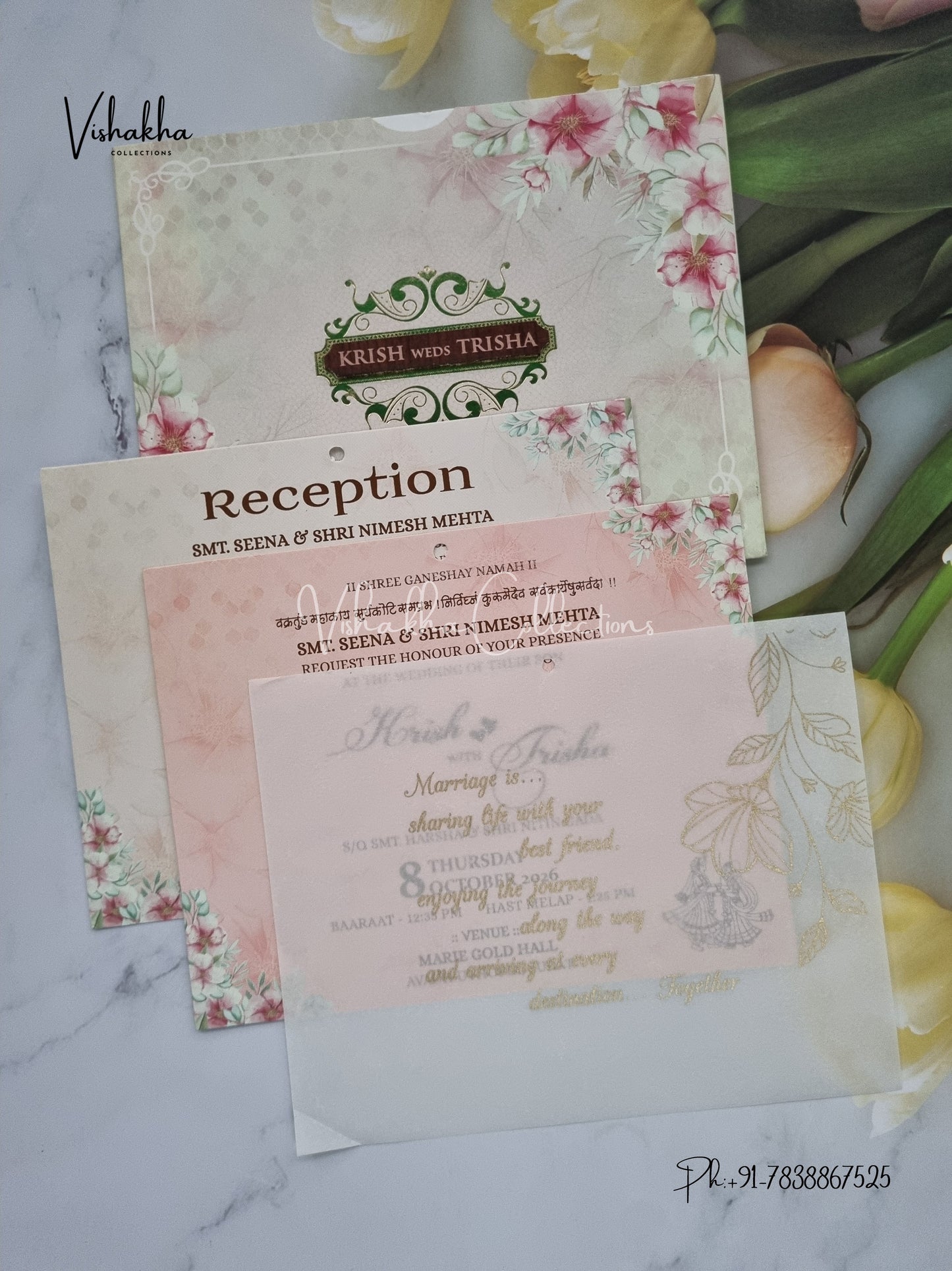 Flower Hindu Muslim Christian Sikh Vellum Paper invitation Cards VN-641