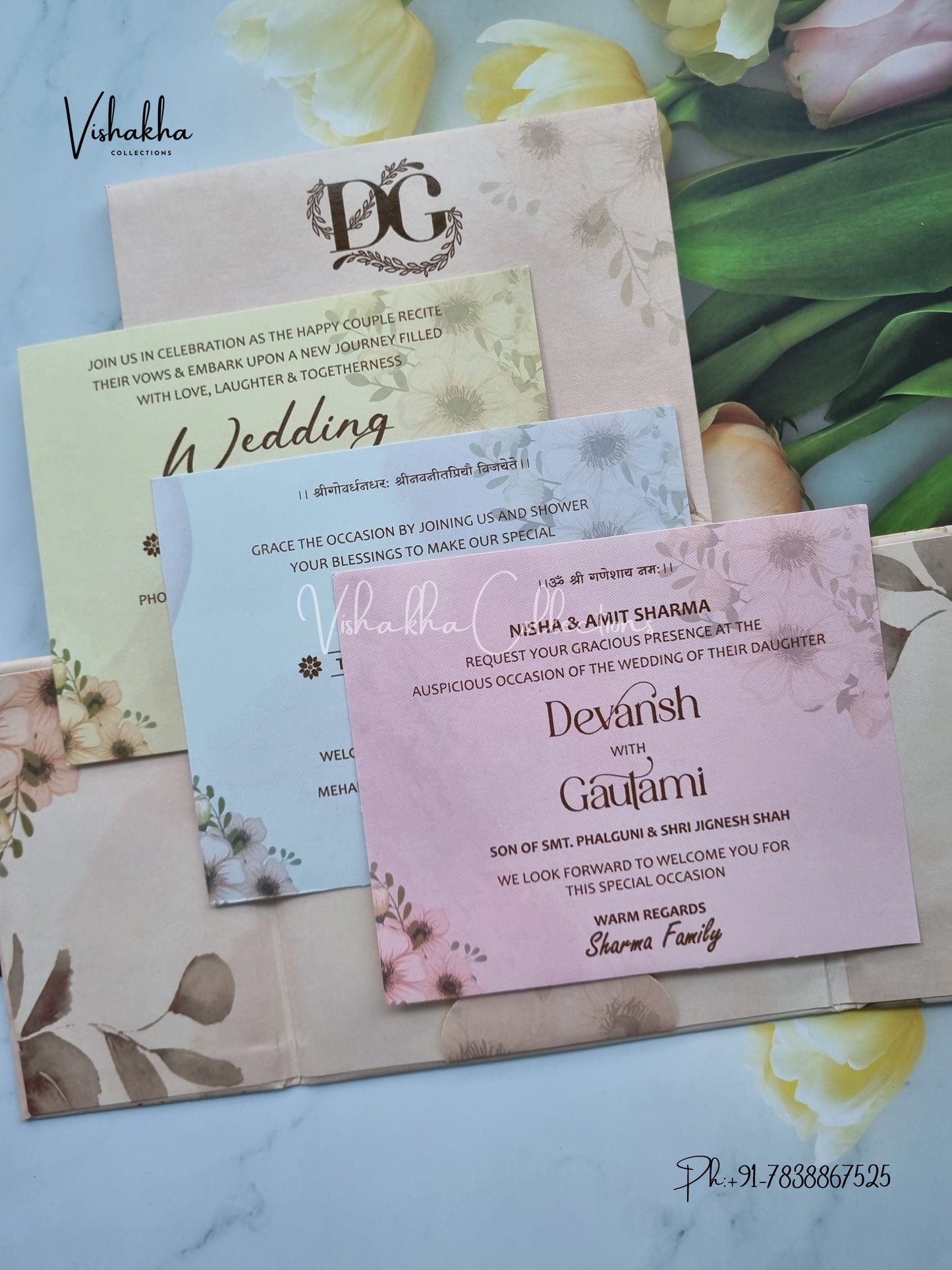 Flower Double Door Hindu Muslim Christian Sikh Padded invitation Cards VN-649