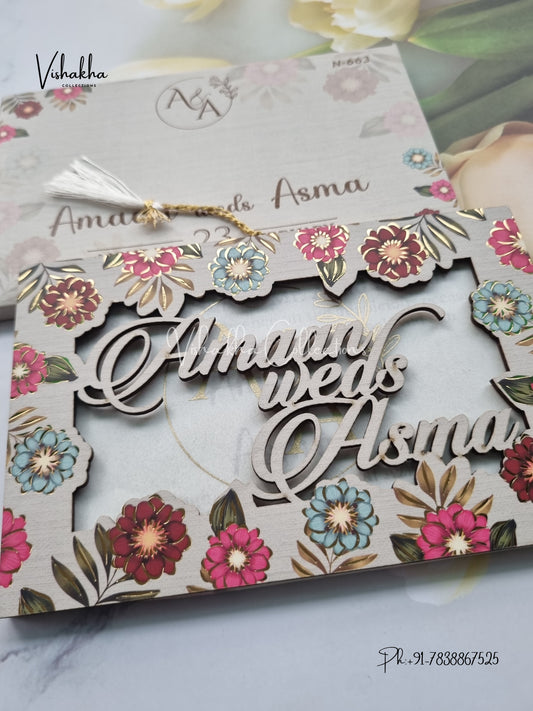 Flower Hindu Muslim Christian Sikh MDF Board Laser Cut Named MDF Laser Cut invitation Cards VN-663