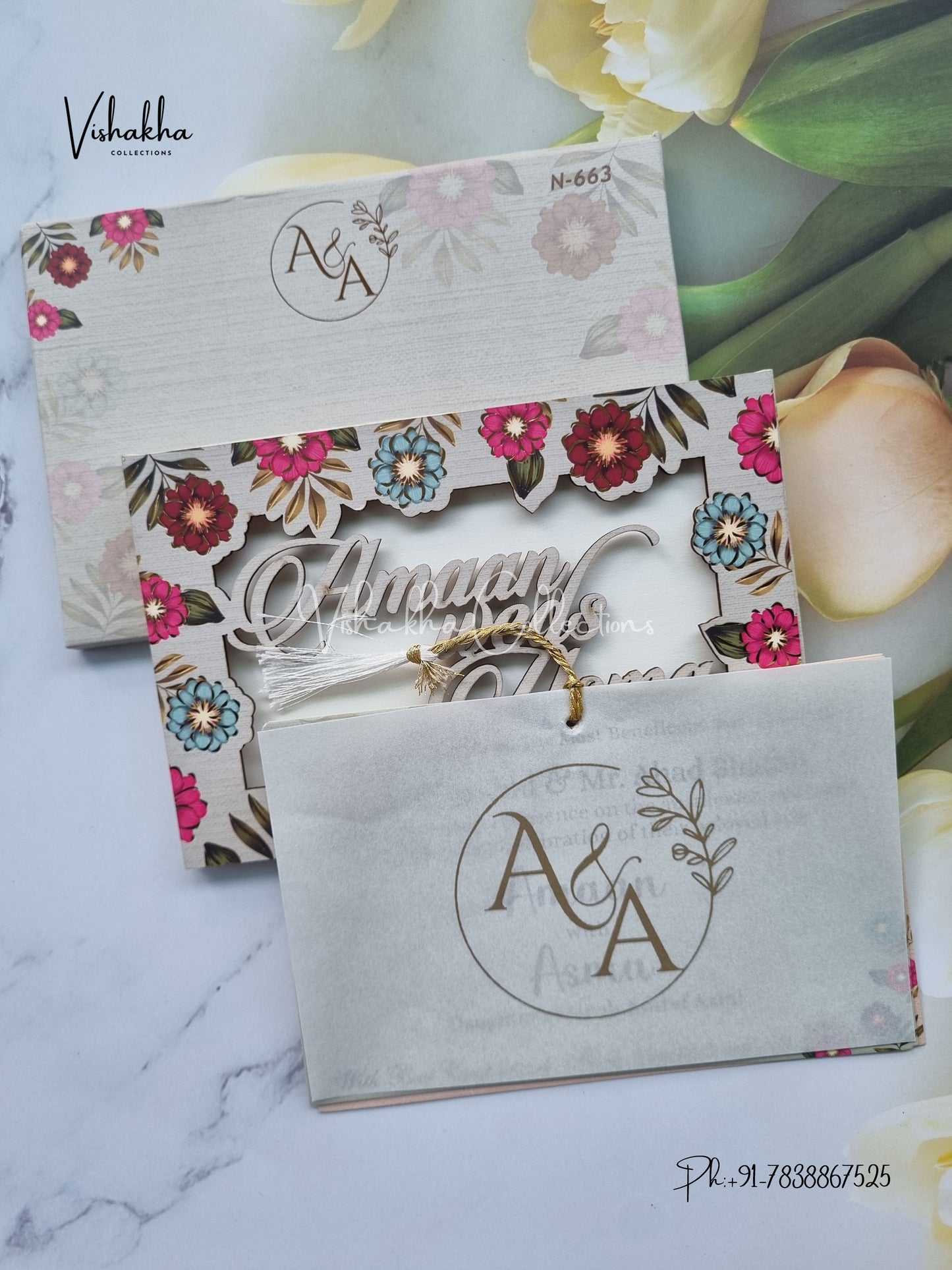 Flower Hindu Muslim Christian Sikh MDF Board Laser Cut Named MDF Laser Cut invitation Cards VN-663