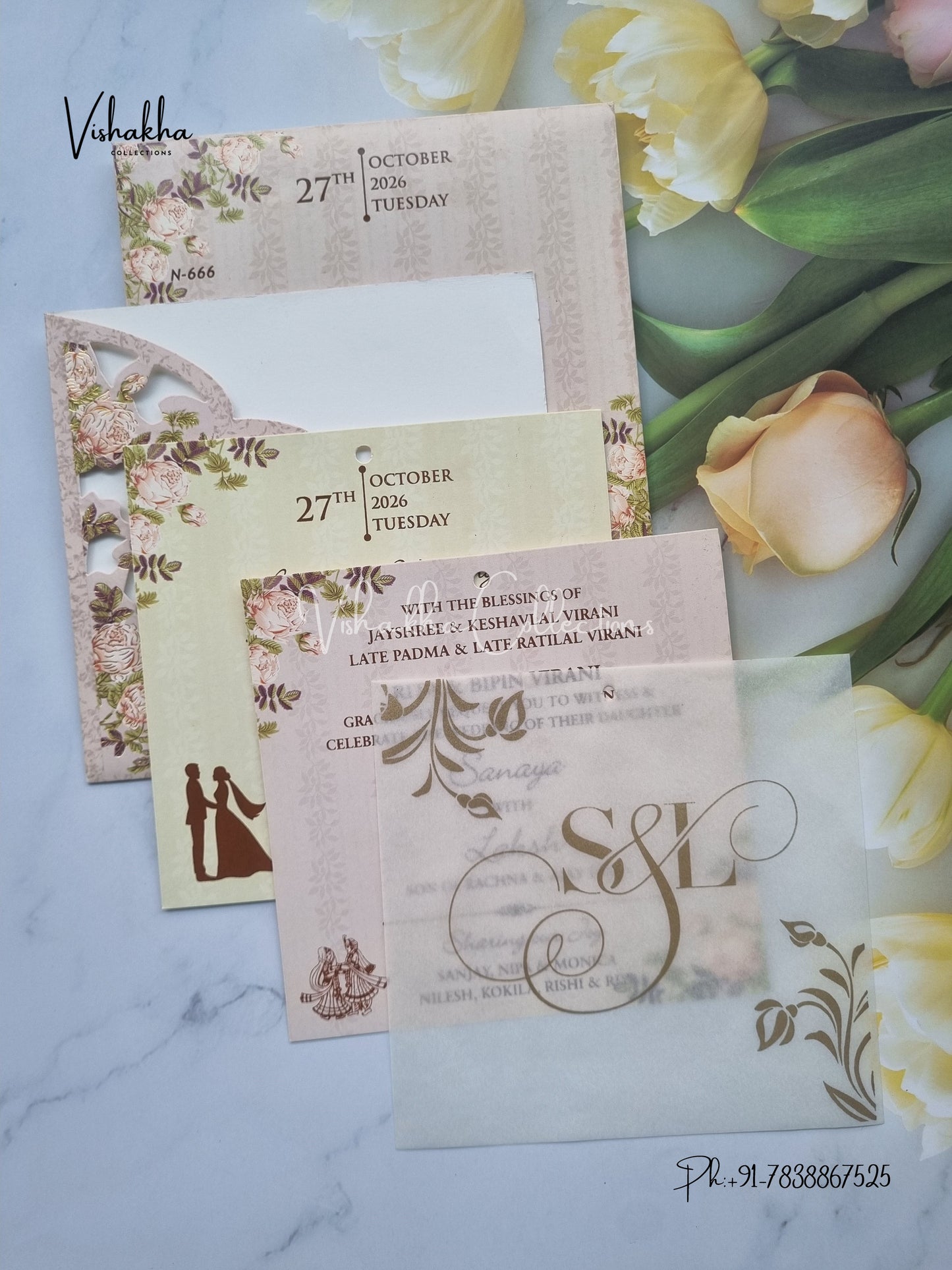 Flower Hindu Muslim Christian Sikh Vellum Paper invitation Cards VN-666