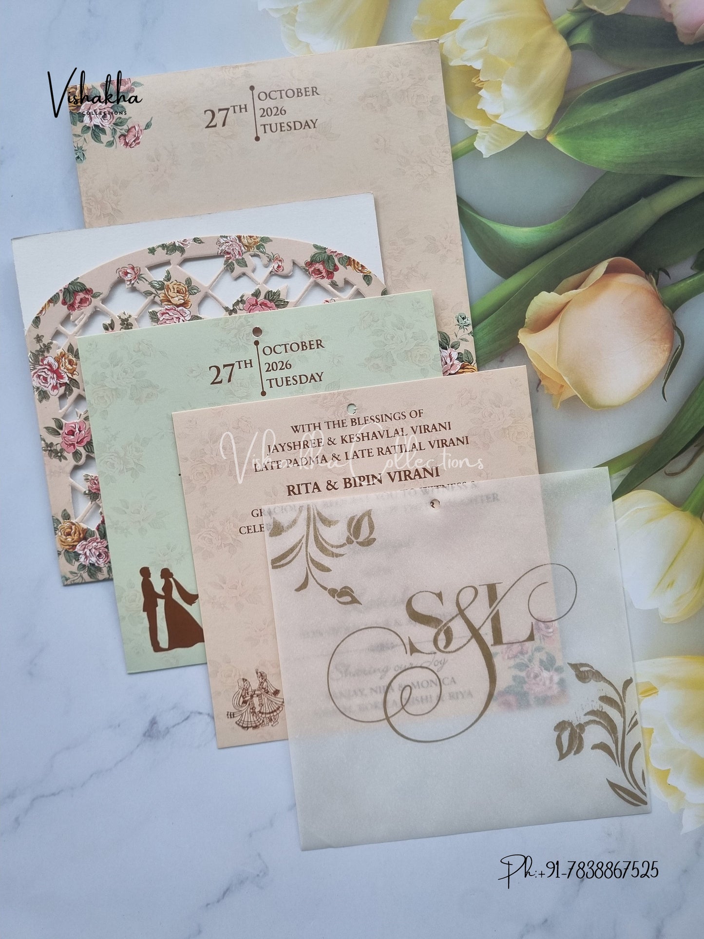 Flower Hindu Muslim Christian Sikh Laser Cut Vellum Paper invitation Cards VN-667