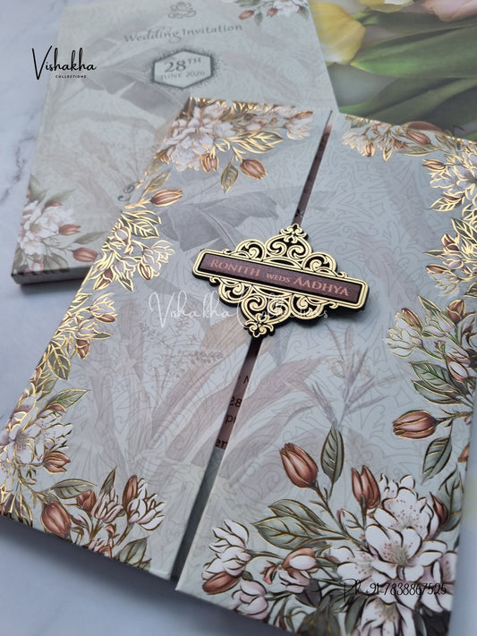 Flower Double Door Hindu Muslim Christian Sikh Padded invitation Cards VN-685