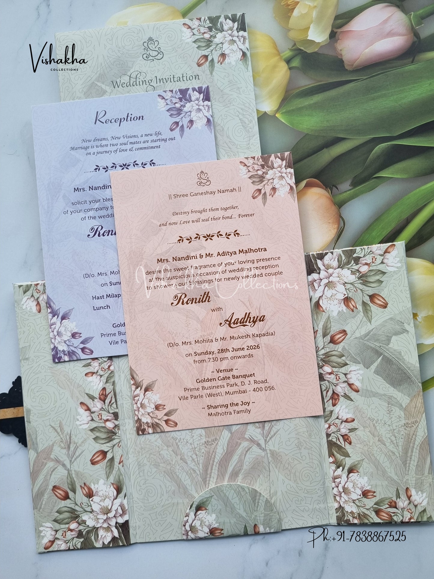 Flower Double Door Hindu Muslim Christian Sikh Padded invitation Cards VN-685