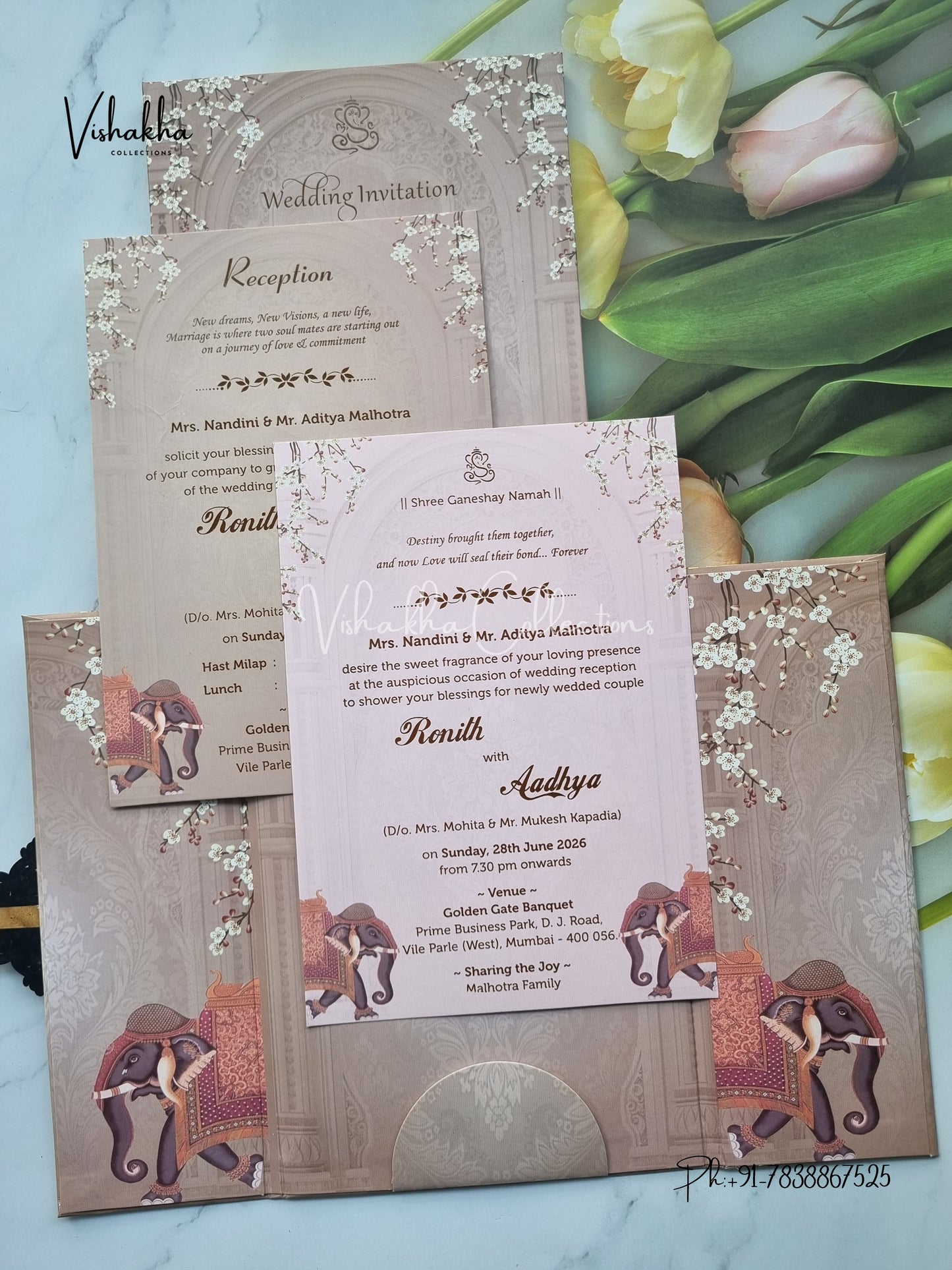 Hathi Double Door Hindu Sikh Padded invitation Cards VN-705