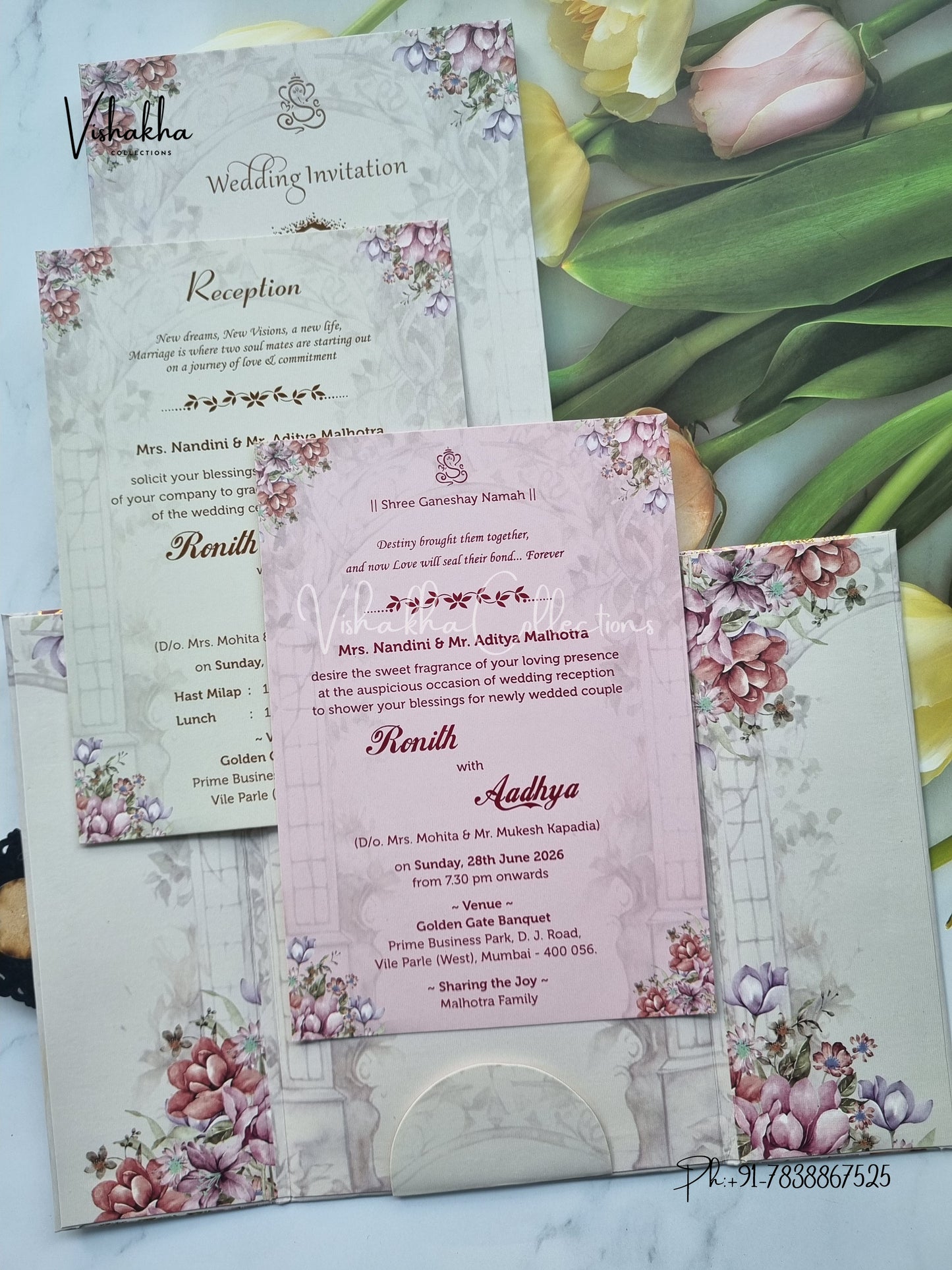 Flower Double Door Hindu Muslim Christian Sikh Padded invitation Cards VN-707