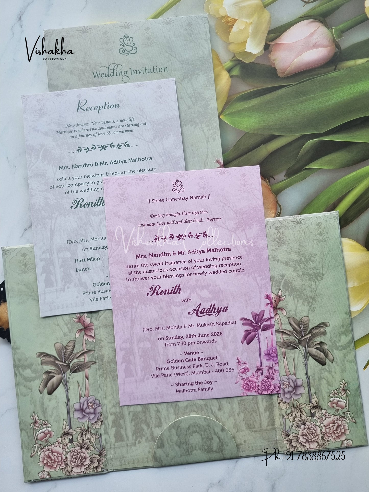 Flower Double Door Hindu Muslim Christian Sikh Padded invitation Cards VN-709