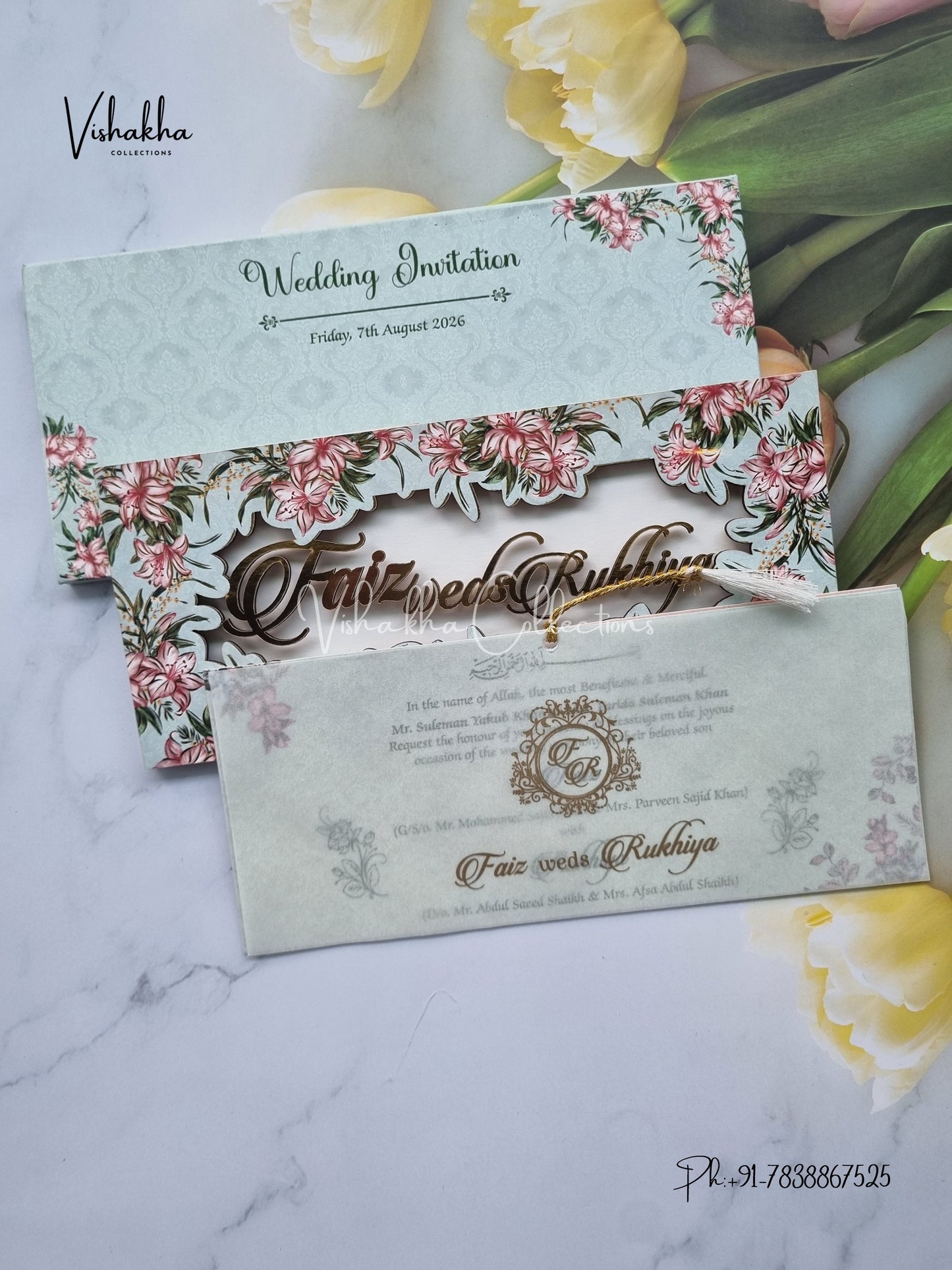 Flower Hindu Muslim Christian Sikh MDF Board Laser Cut Named MDF Laser Cut invitation Cards VN-715