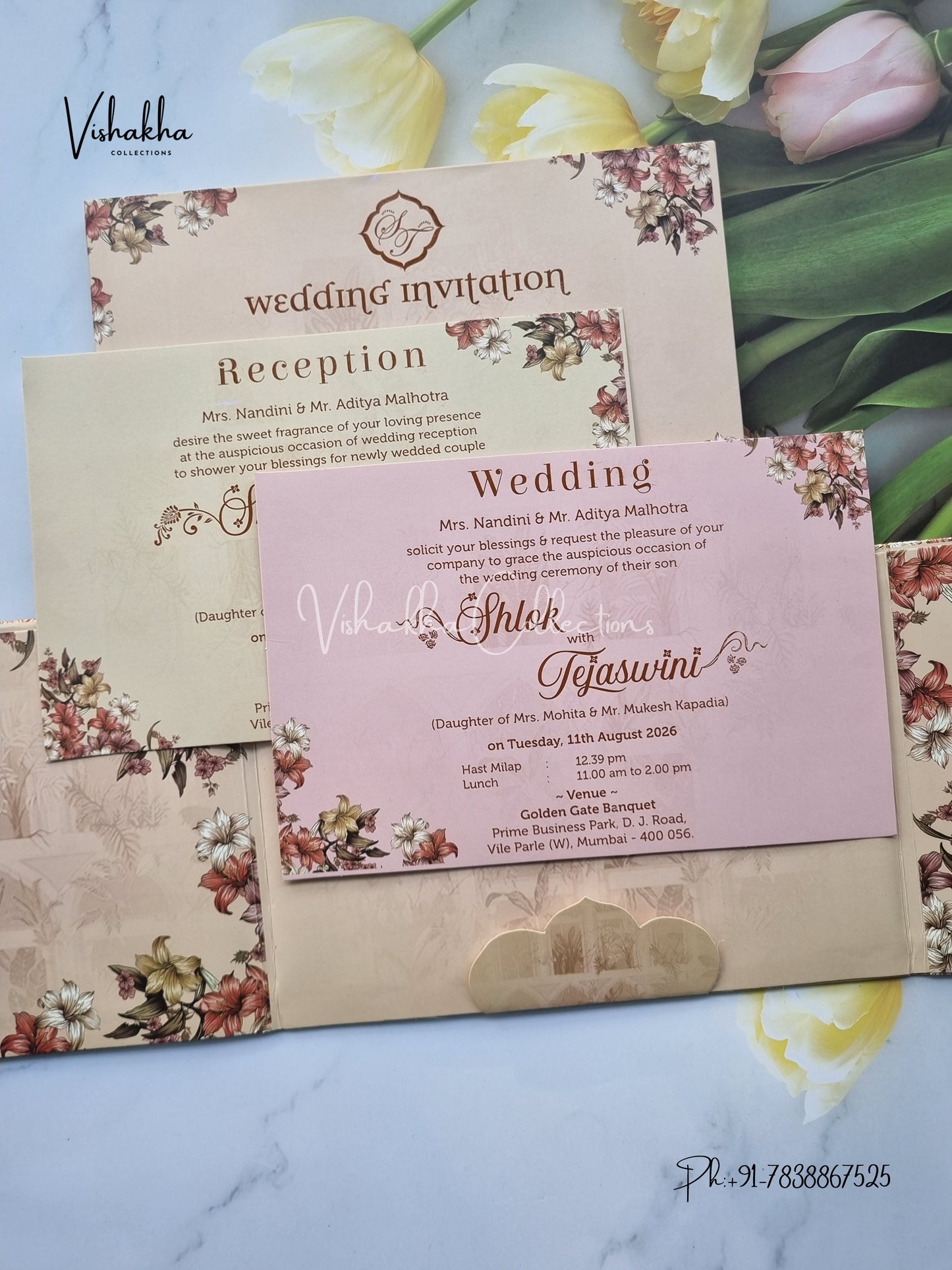 Flower Double Door Hindu Muslim Christian Sikh Padded invitation Cards VN-717