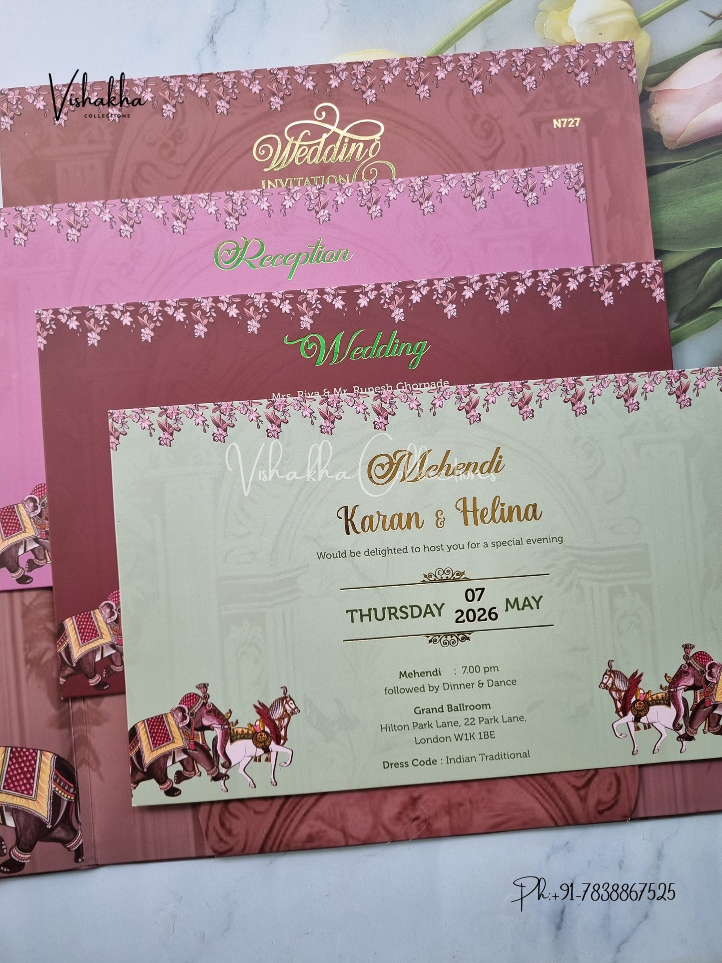 Hathi Double Door Hindu Sikh Padded invitation Cards VN-727