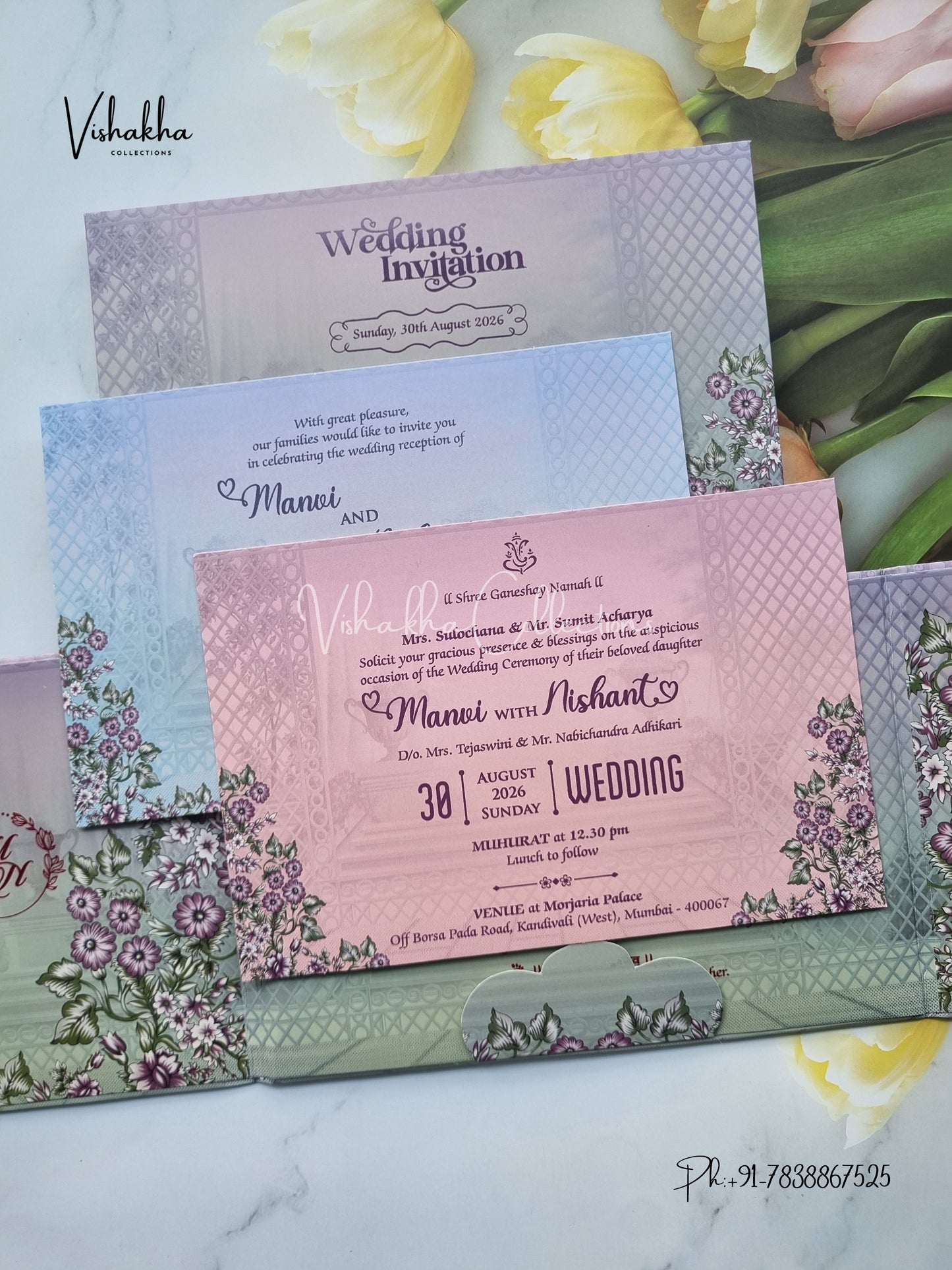 Flower Double Door Hindu Muslim Christian Sikh Padded invitation Cards VN-731