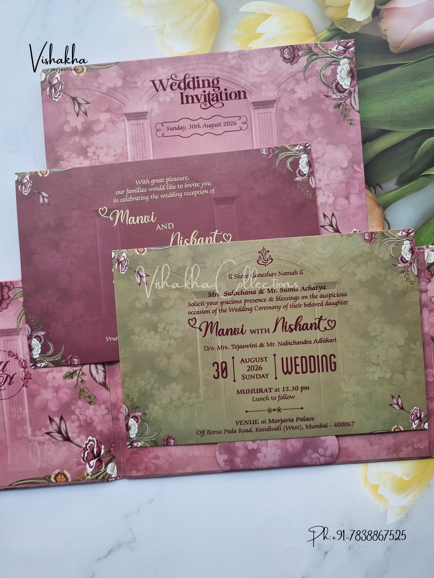 Flower Double Door Hindu Muslim Christian Sikh Padded invitation Cards VN-736