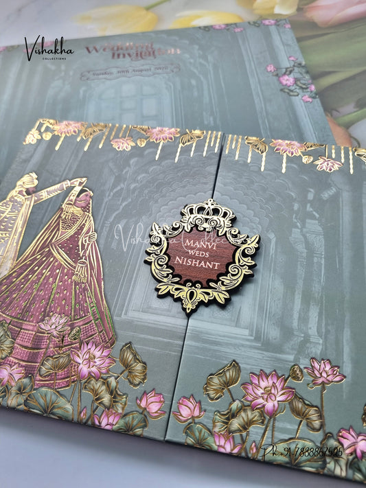Lotus Dulah Dulhan Flower Double Door Hindu Sikh Padded invitation Cards VN-737